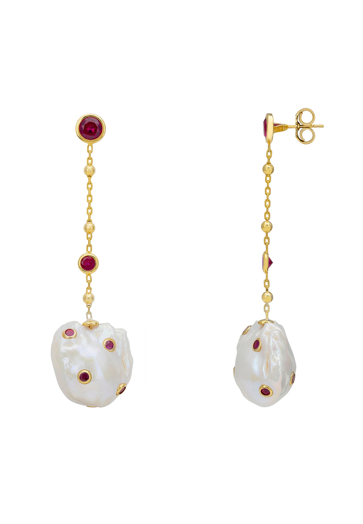Polka Dot Baroque Pearl Chain Drop Earrings Gold Ruby