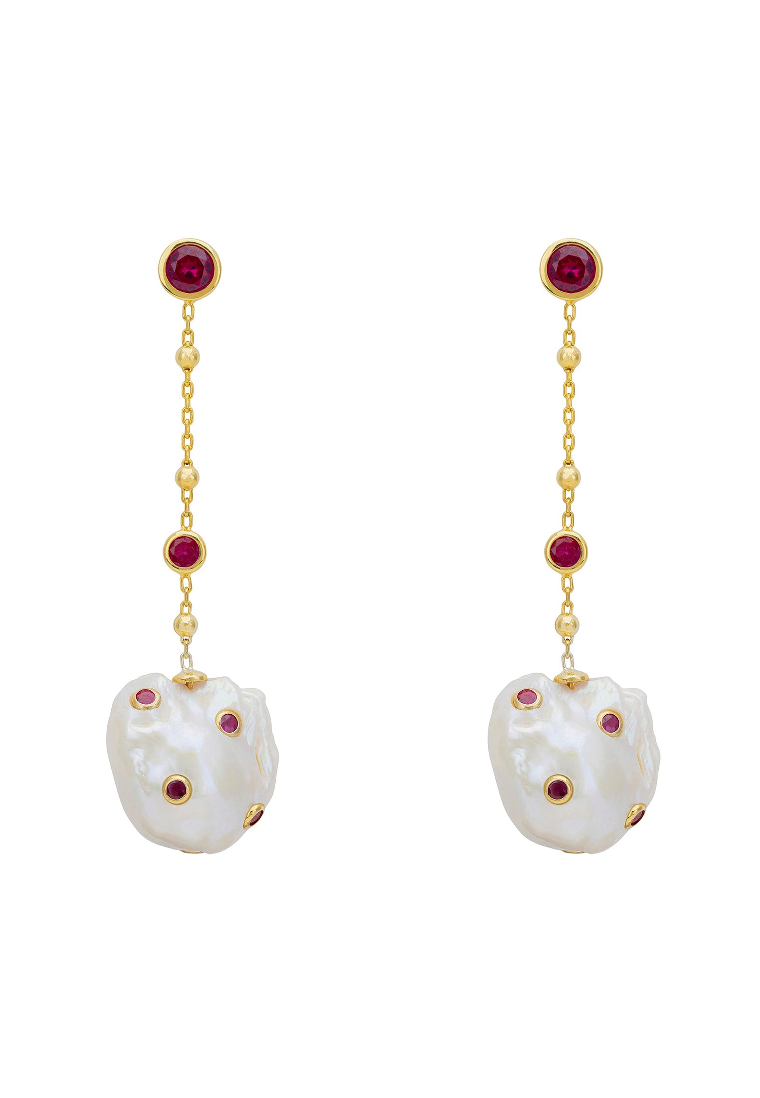 Polka Dot Baroque Pearl Chain Drop Earrings Gold Ruby
