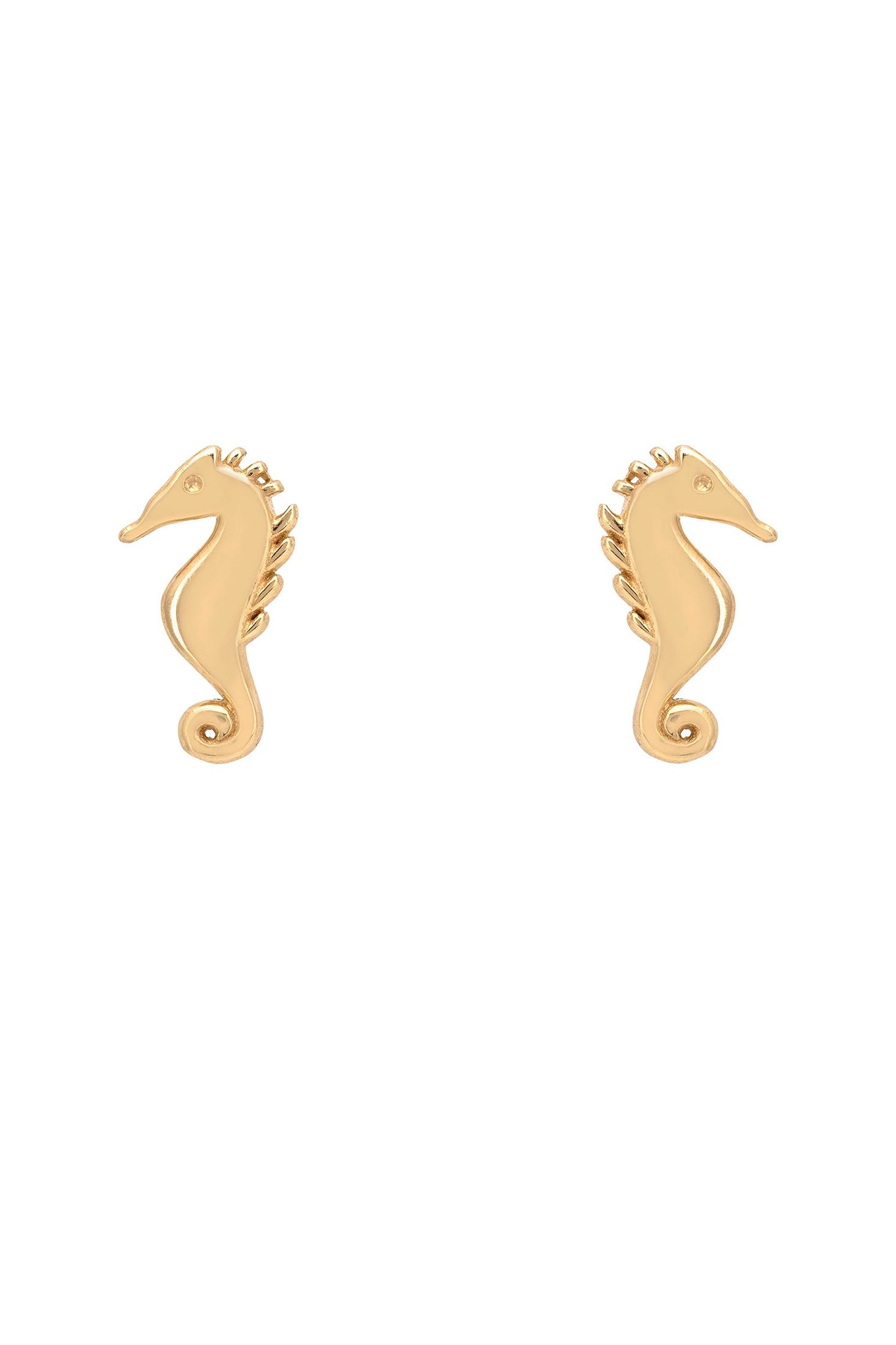 Gold seahorse-shaped earrings on a white background