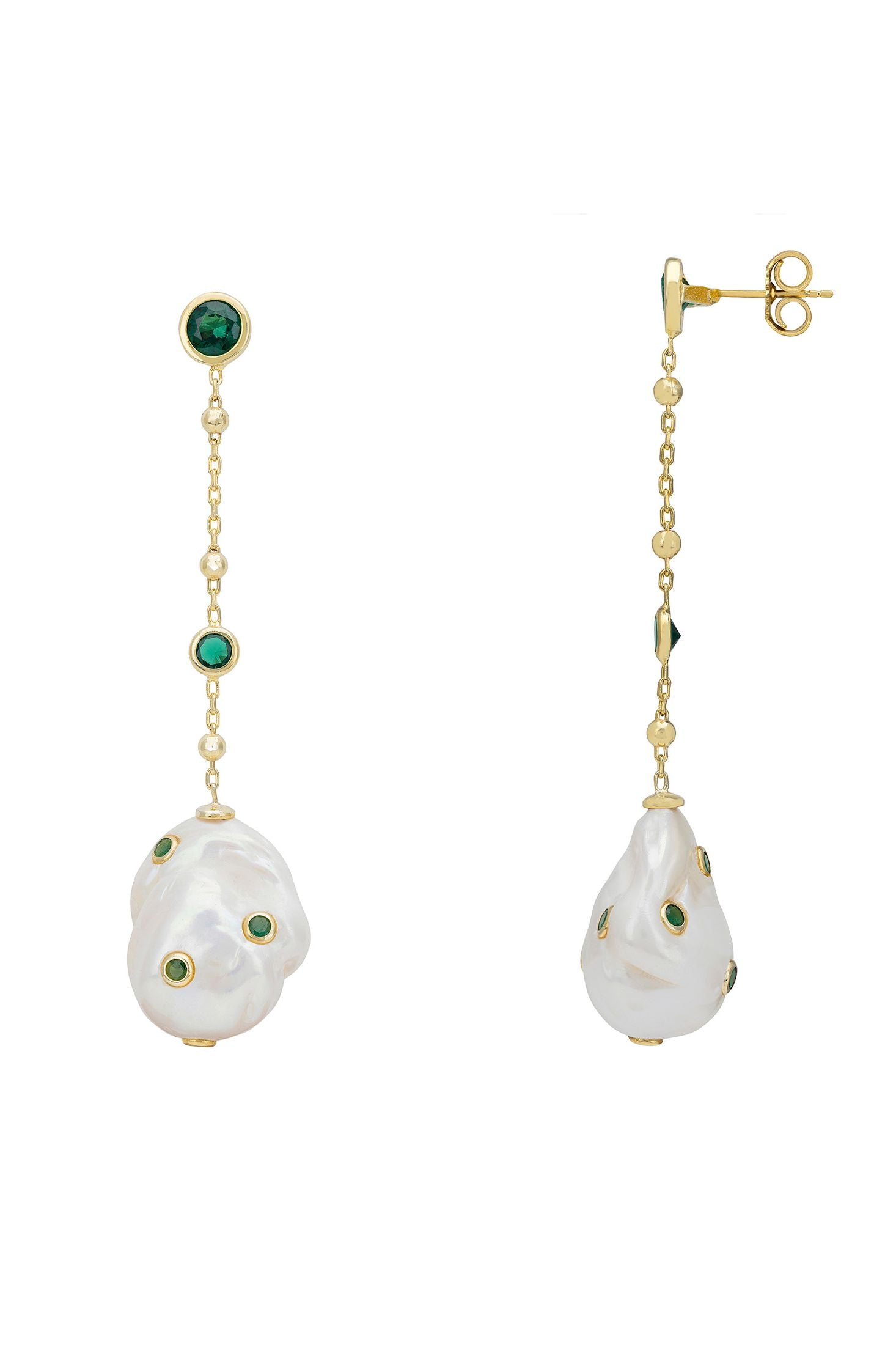 Angled view of Polka Dot Baroque Pearl Chain Drop Earrings Gold Emerald, showing baroque pearl and pearl detailing, gold finish and the jewellery profile.