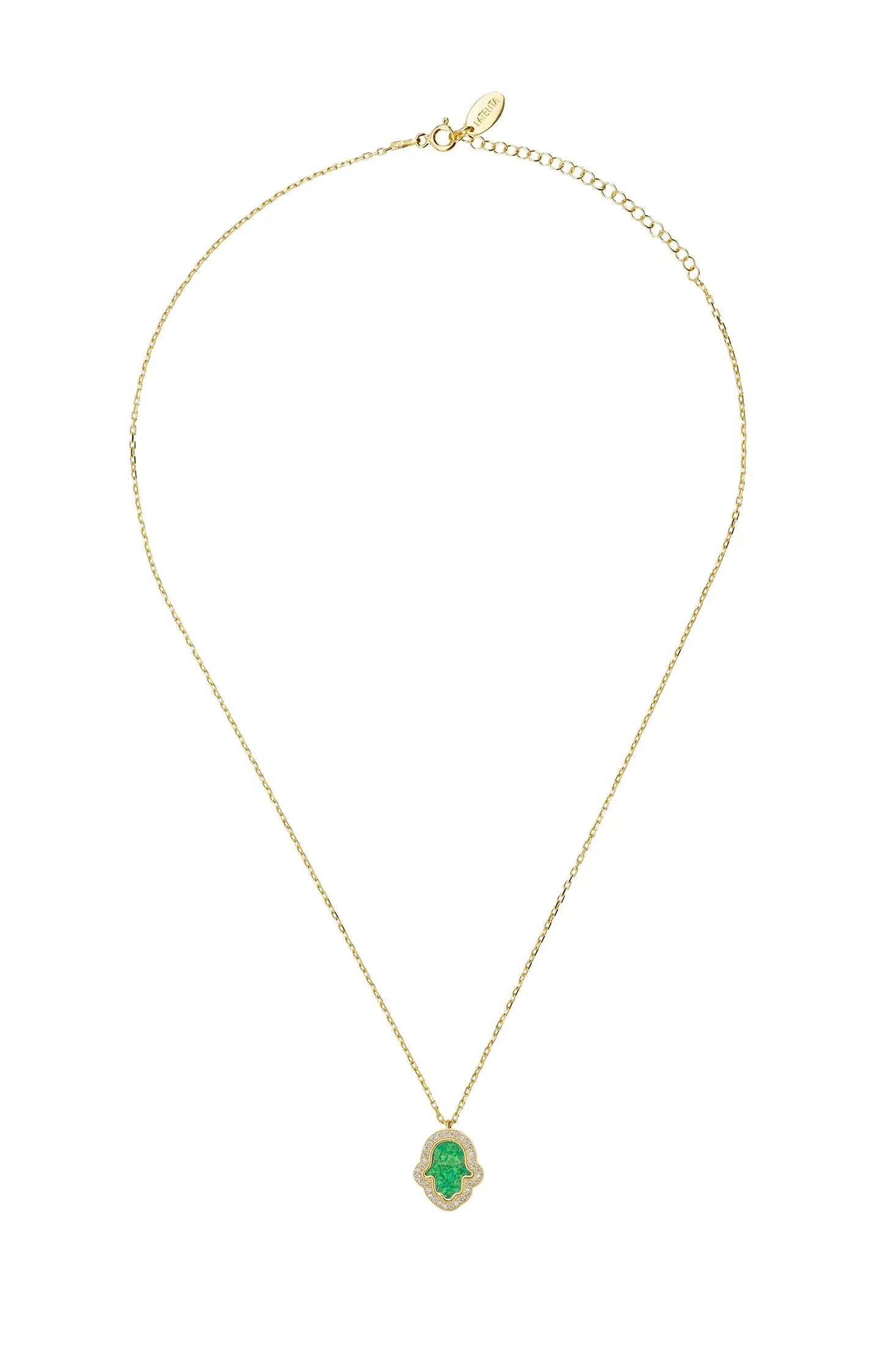 Green opal hamsa hand gold necklace.
