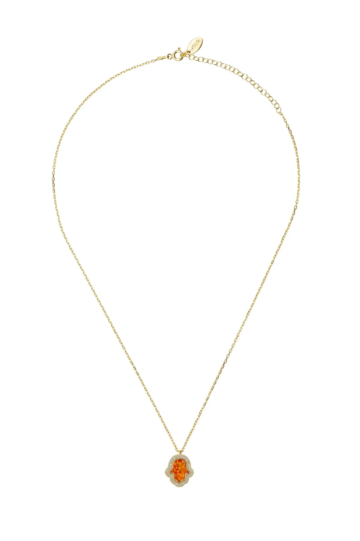 Orange opal hamsa hand gold necklace.