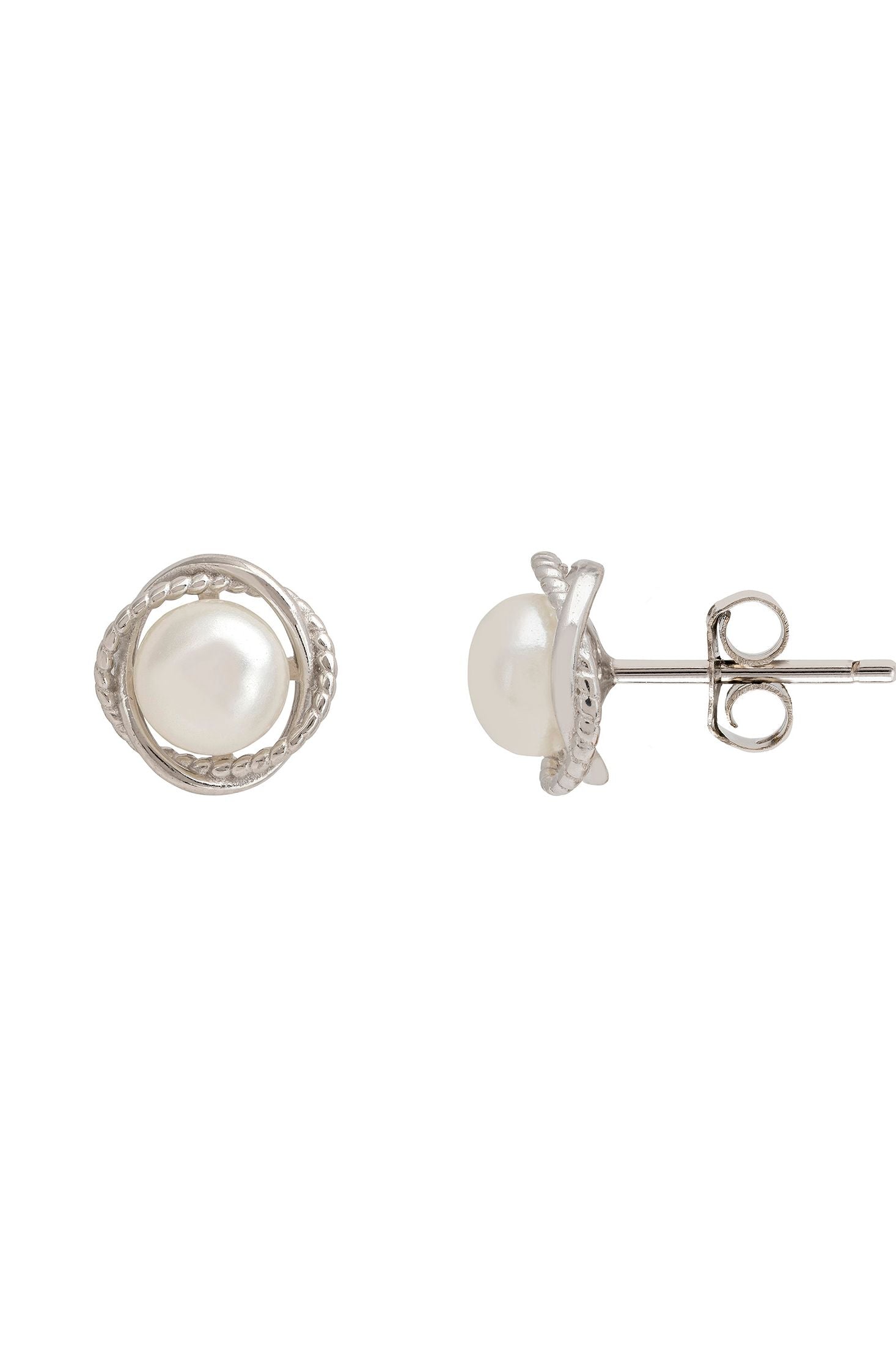 Pearl stud earrings on a white background
