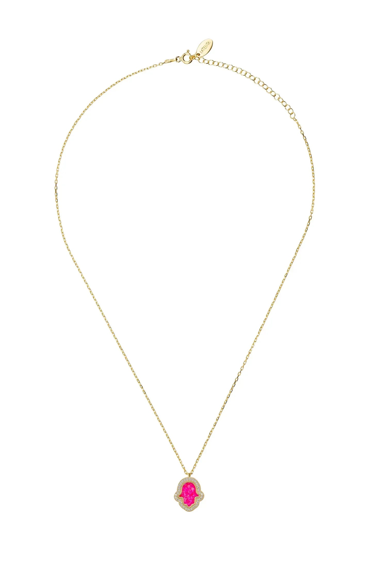 Pink opal hamsa hand gold necklace.
