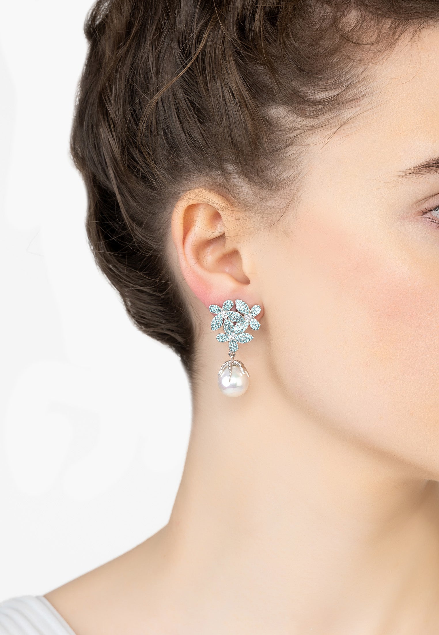 Flowers Baroque Pearl Earrings Aqua Blue Silver