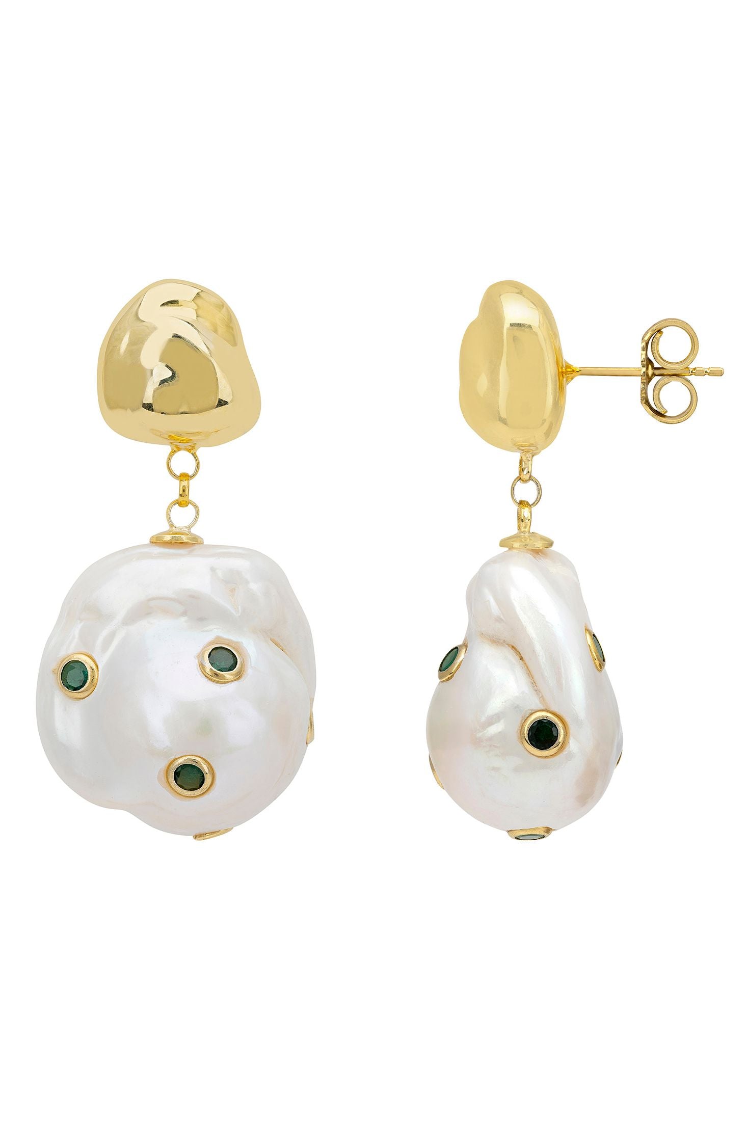 Angled view of Polka Dot Baroque Pearl Drop Earrings Gold Emerald, showing baroque pearl and pearl detailing, gold finish and the jewellery profile.