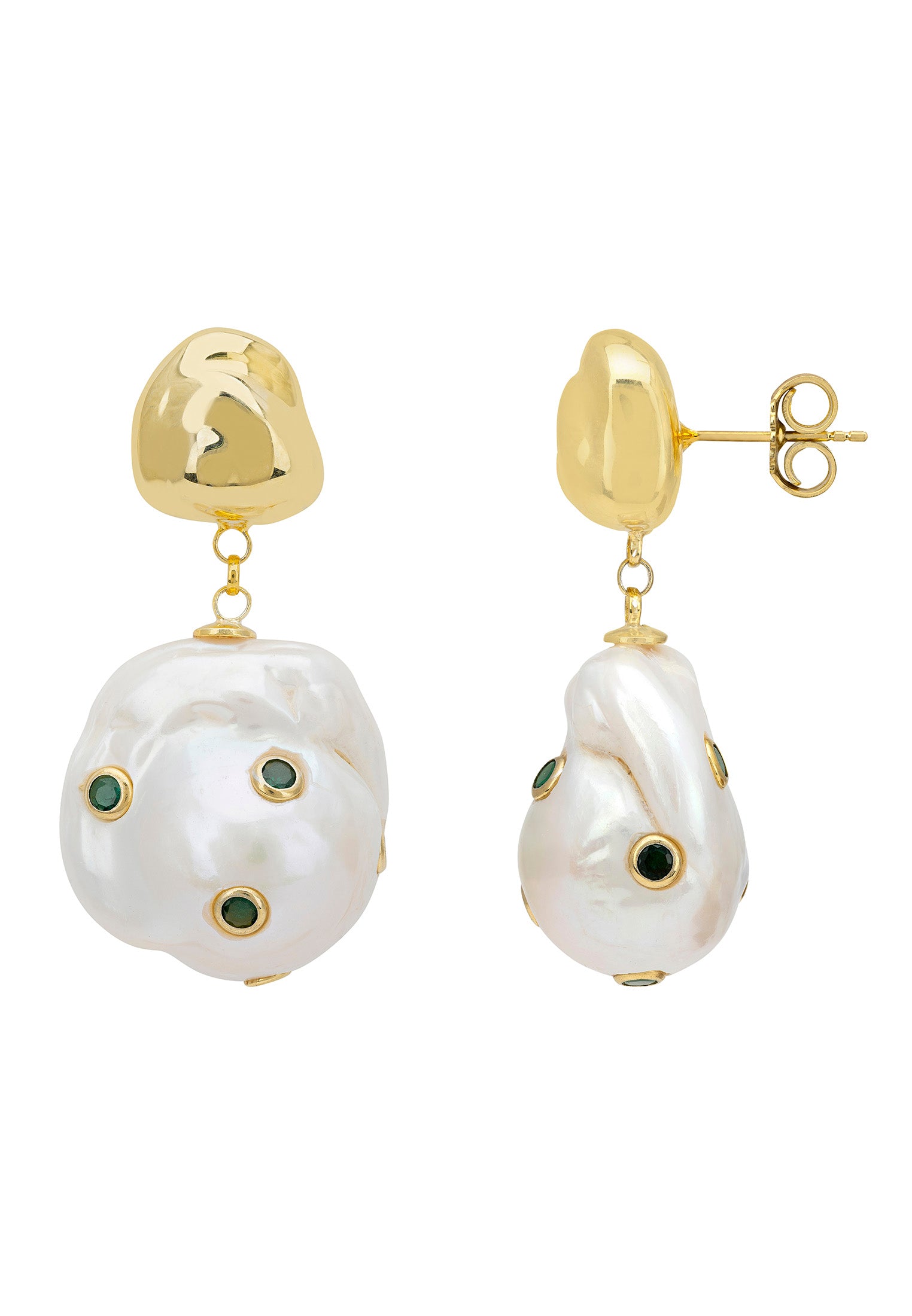 Polka Dot Baroque Pearl Drop Earrings Gold Emerald