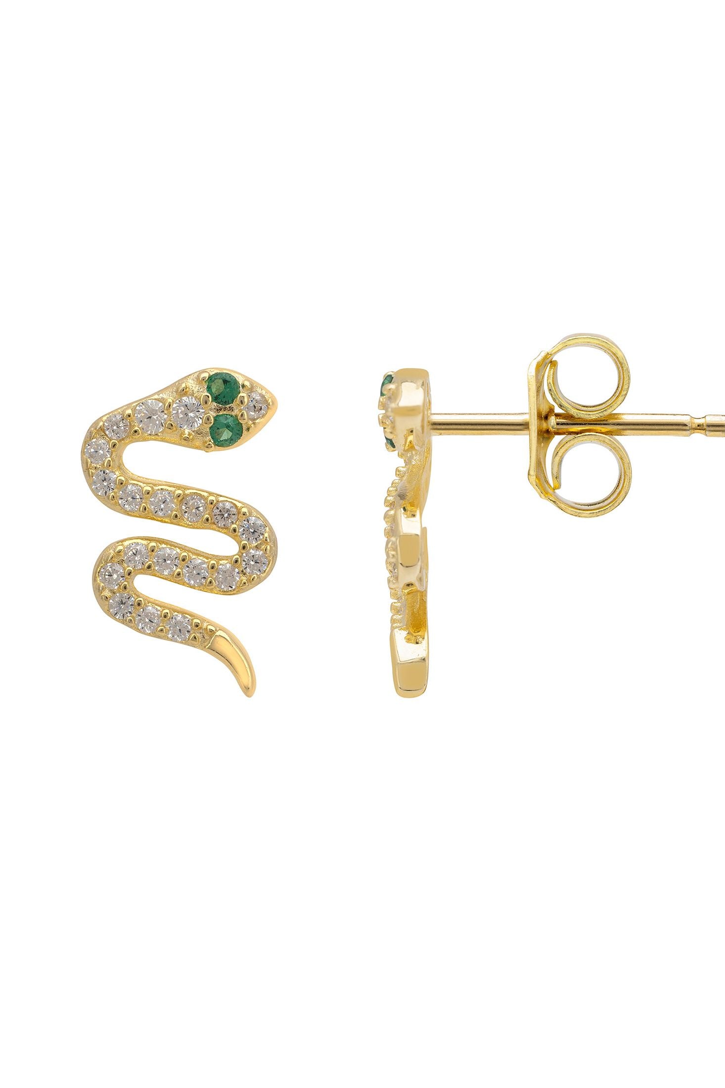 Gold snake-shaped earrings with green and clear gemstones on a white background