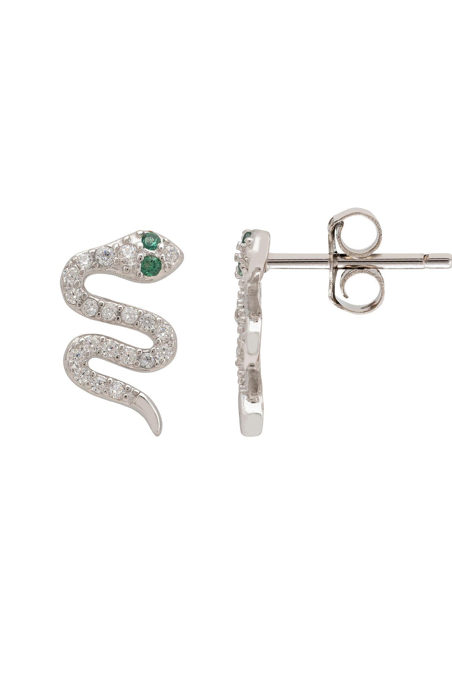 Silver snake-shaped earrings with green gemstones on a white background