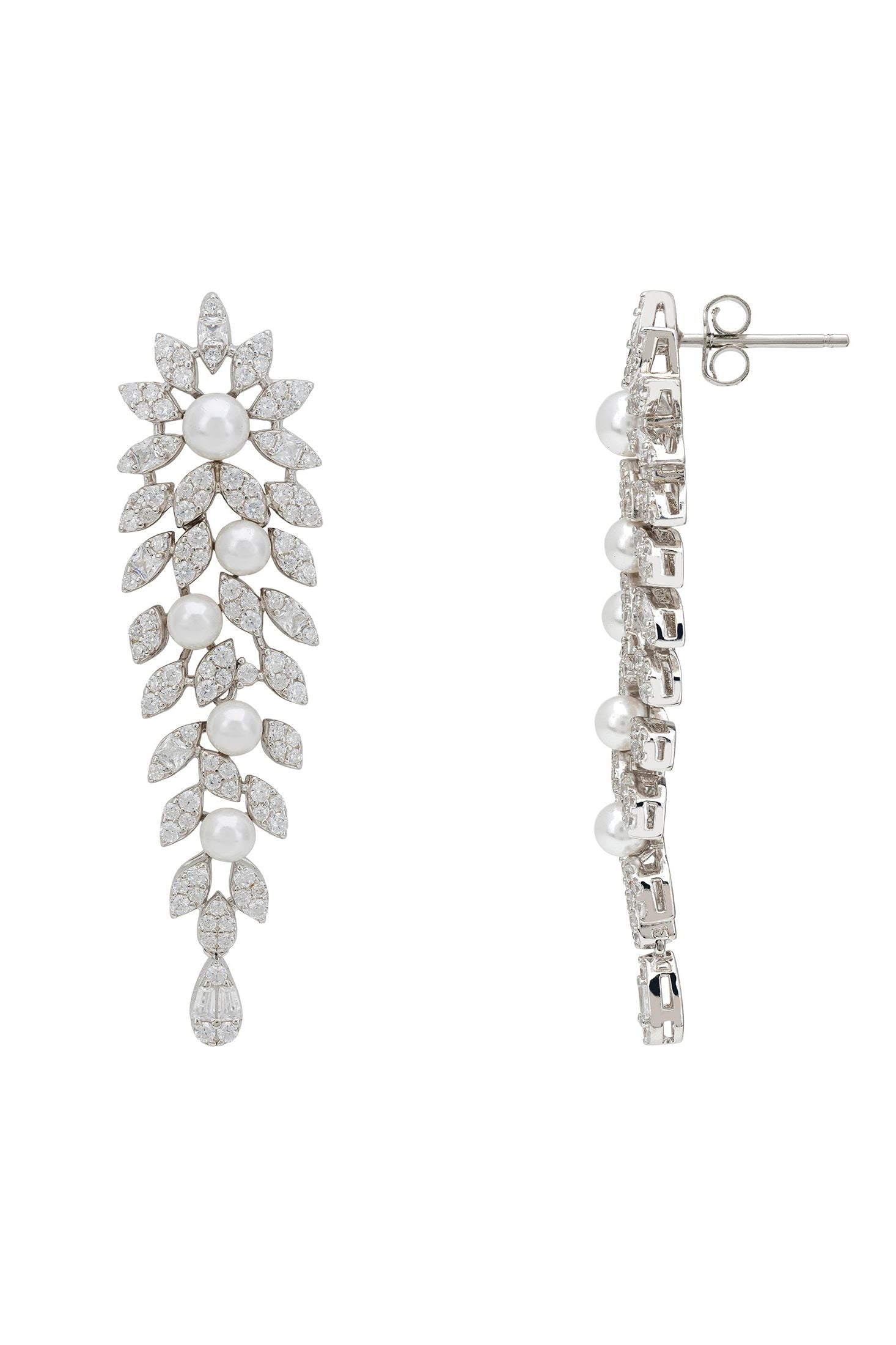 Angled view of Marquise Drop Earrings Pearl Silver, showing pearl detailing, silver finish and the jewellery profile.