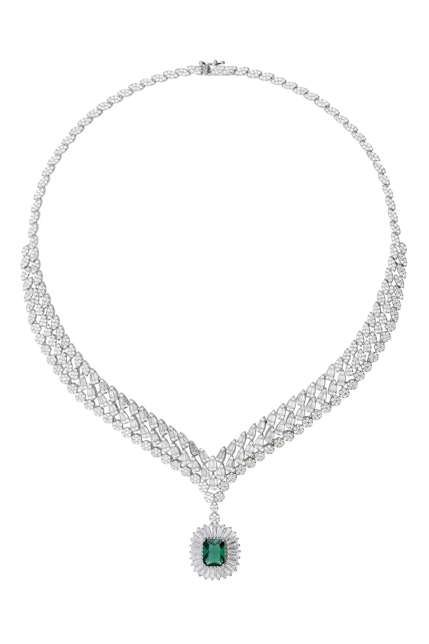 Halo emerald centerpiece diamond necklace.