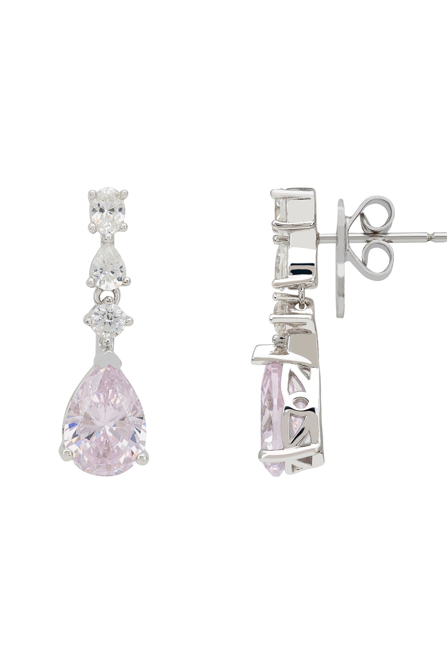 Angled view of Kirsty Drop Earrings Morganite Silver, showing silver finish and the jewellery profile.