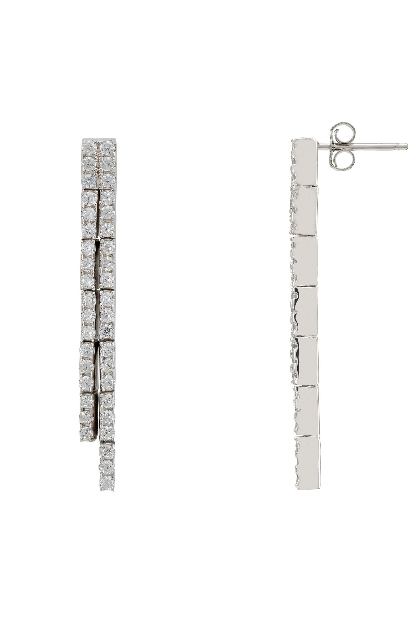 Angled view of Charleston Art Deco Silver Drop Earrings, showing silver finish and the jewellery profile.