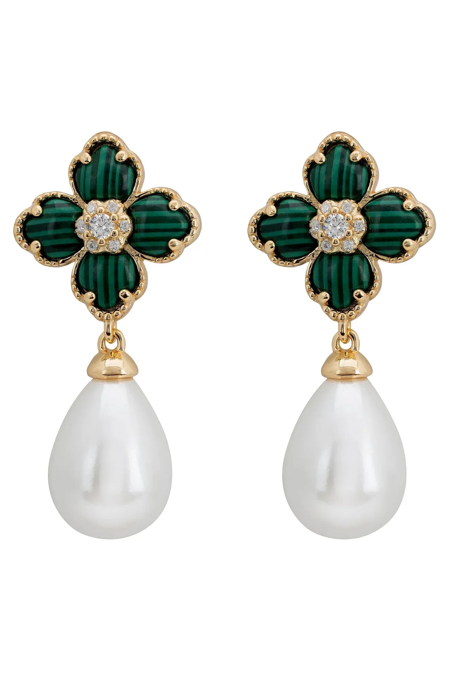 Pearl and green clover gold earrings.
