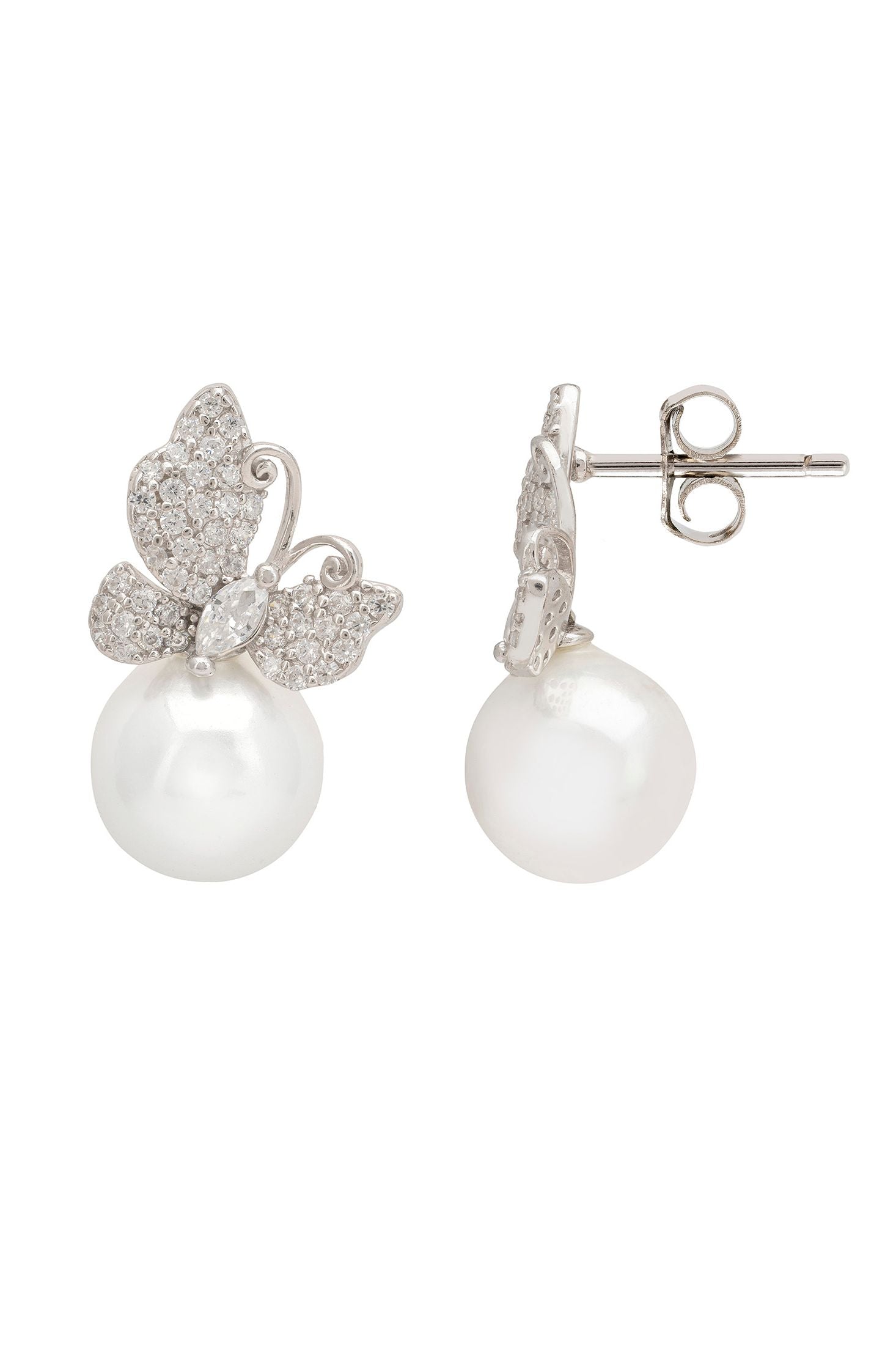 Pearl earrings with butterfly design on a white background