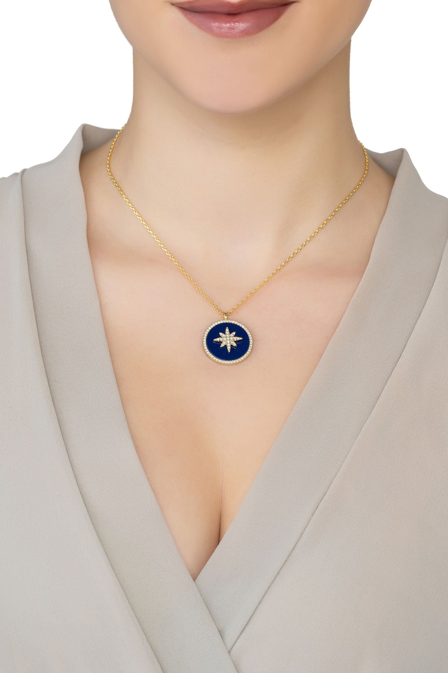 Angled view of Starry Night Lapis Lazuli Pendant Necklace Gold, showing star design, lapis lazuli detailing, gold finish and the jewellery profile.