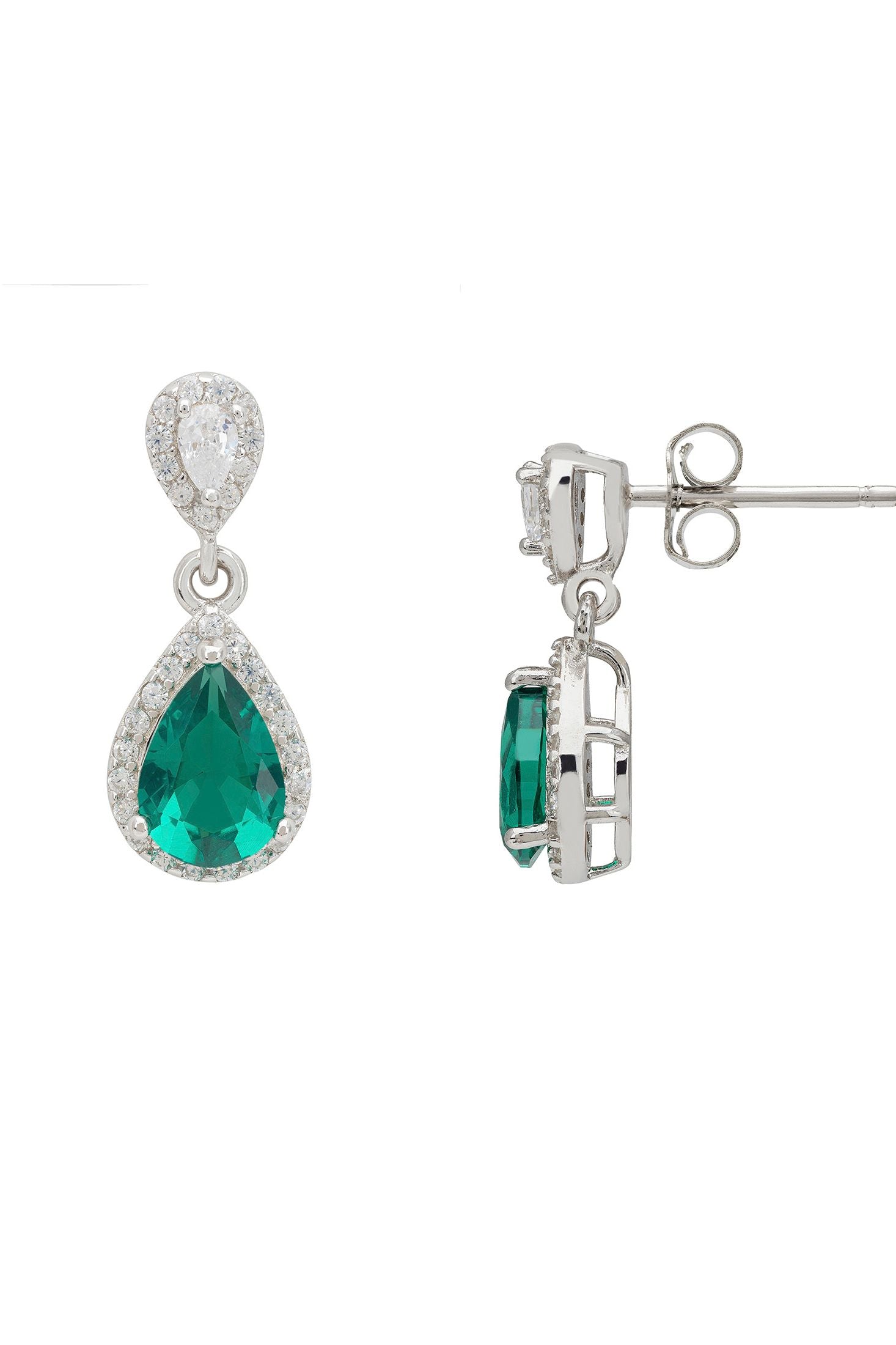 Angled view of Phillippa Drop Earrings Emerald Silver, showing emerald detailing, silver finish and the jewellery profile.