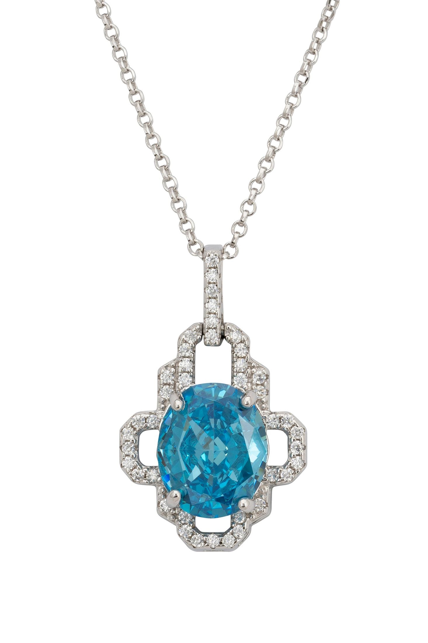 Close-up of the open design diamond and blue gemstone pendant.