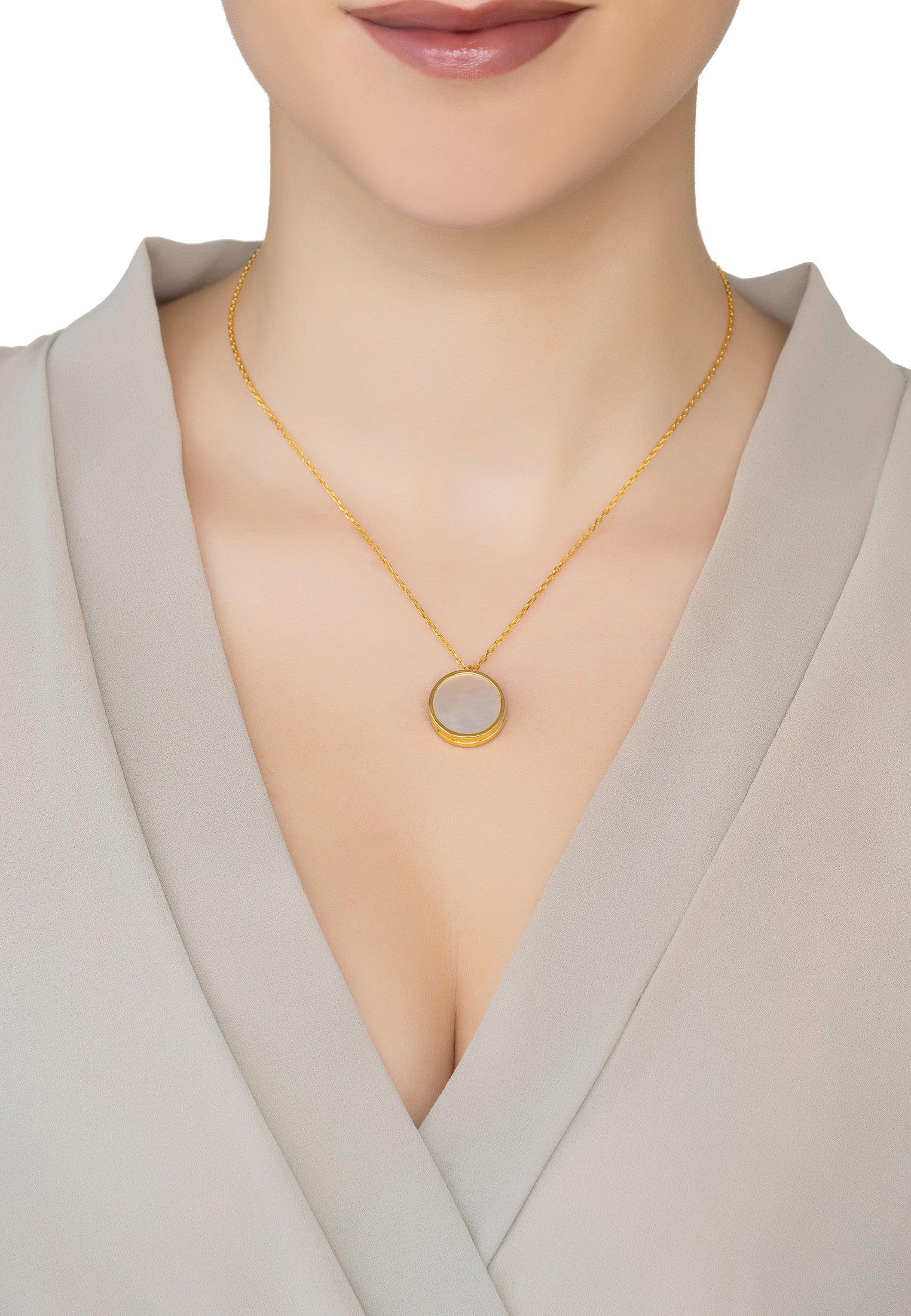 Round Mother Of Pearl Locket Pendant Necklace Gold