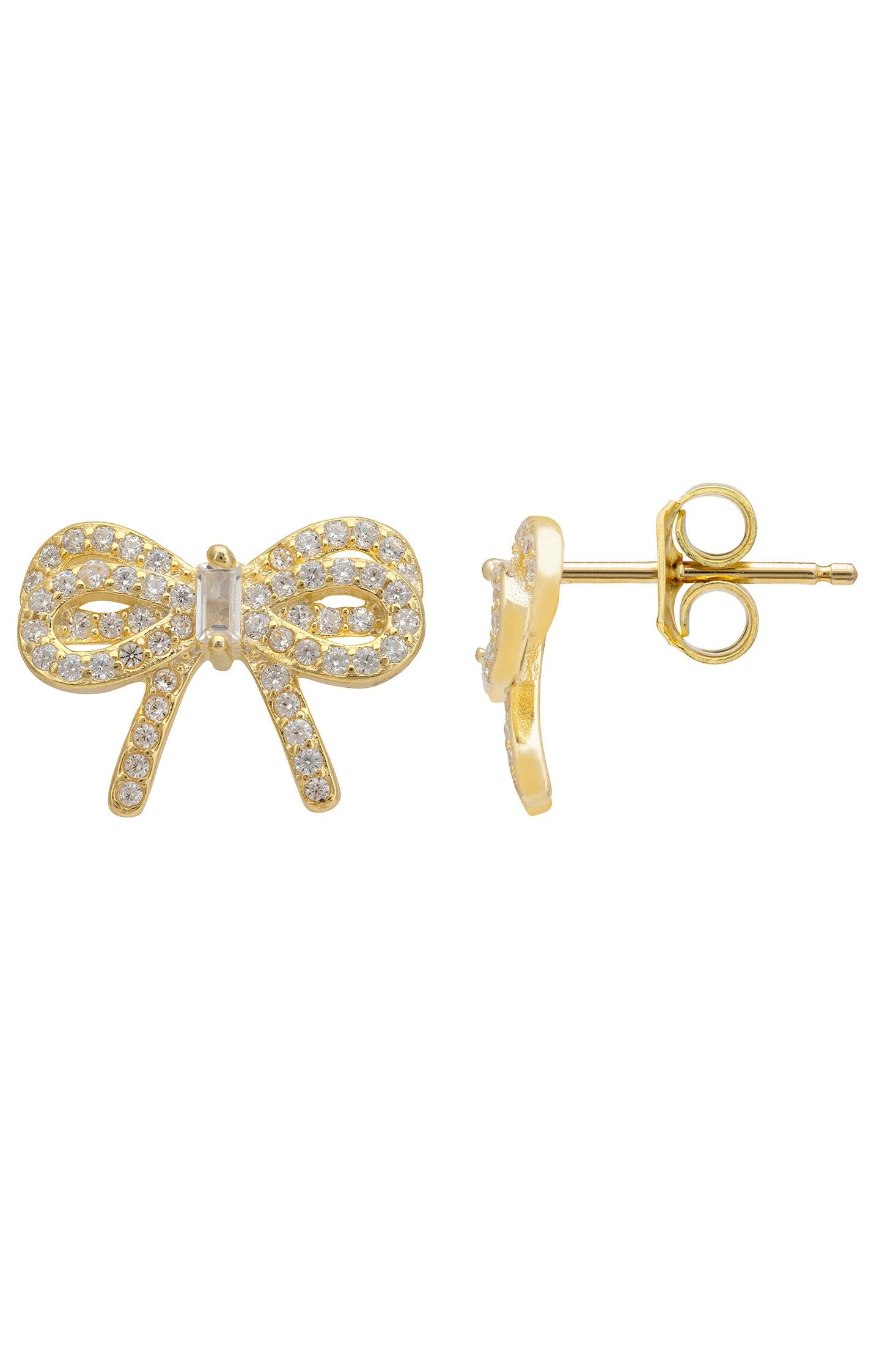Gold bow-shaped earrings with clear stones on a white background
