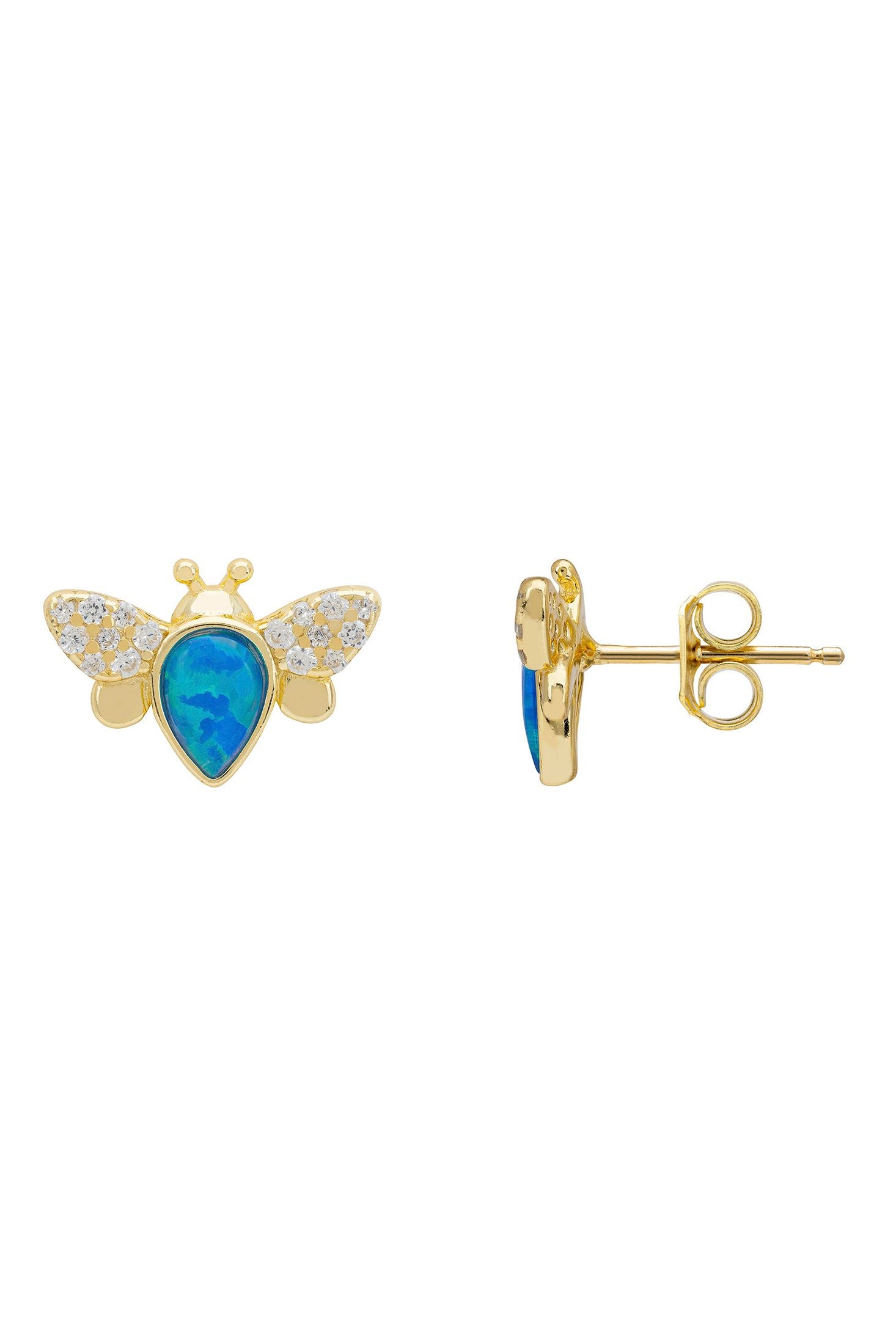Angled view of Busy Bee Blue Opal Stud Earrings Gold, showing bee design, gold finish and the jewellery profile.