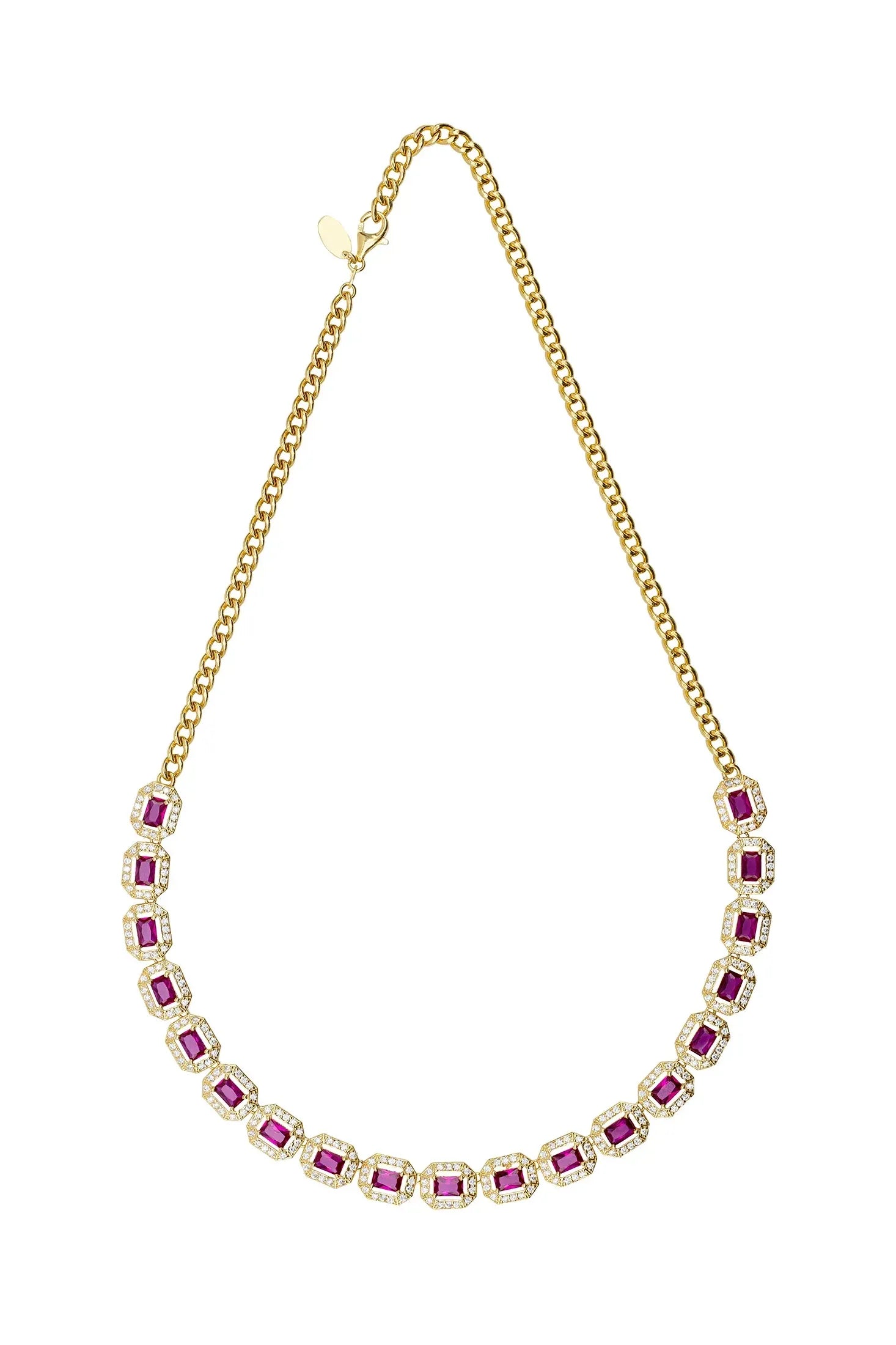 Gold and diamond halo ruby necklace.