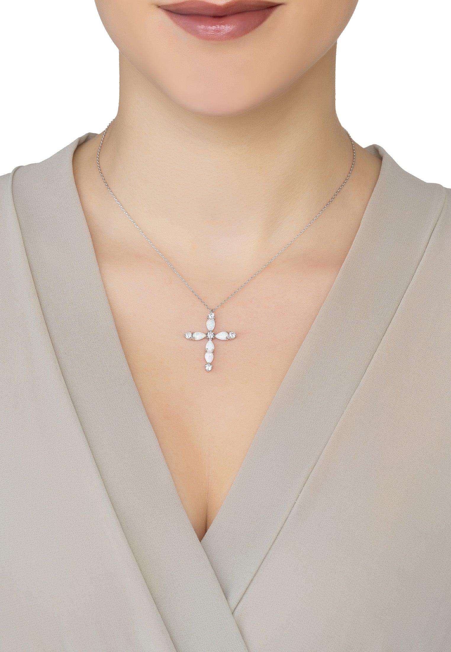 Opal And Sparkle Cross Pendant Necklace Silver