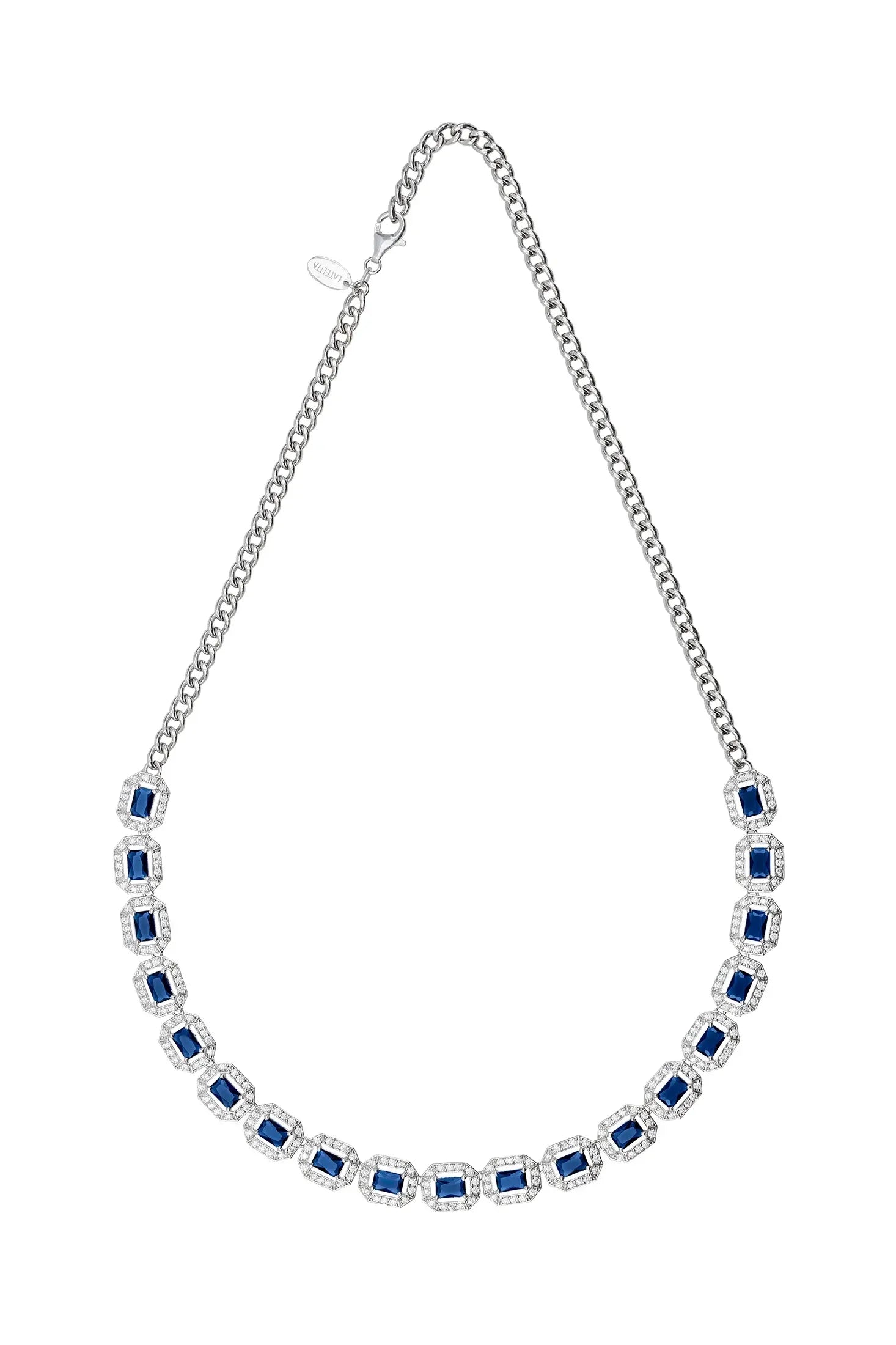 Diamond halo sapphire necklace.