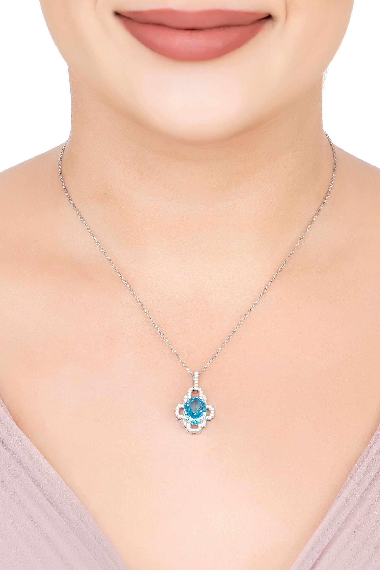 The necklace worn by a model.