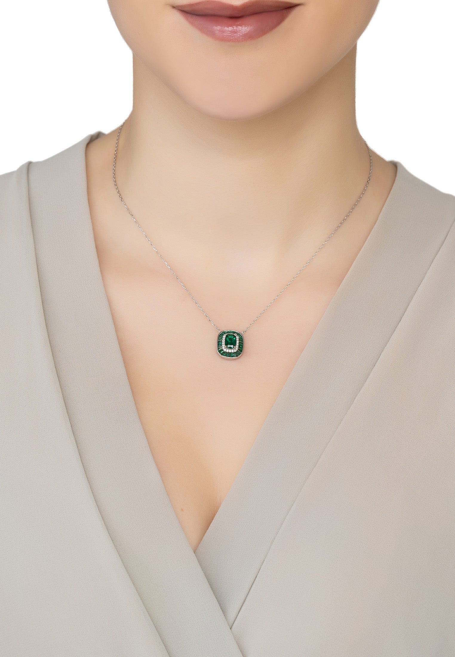 Great Gatsby Pendant Necklace Emerald Silver