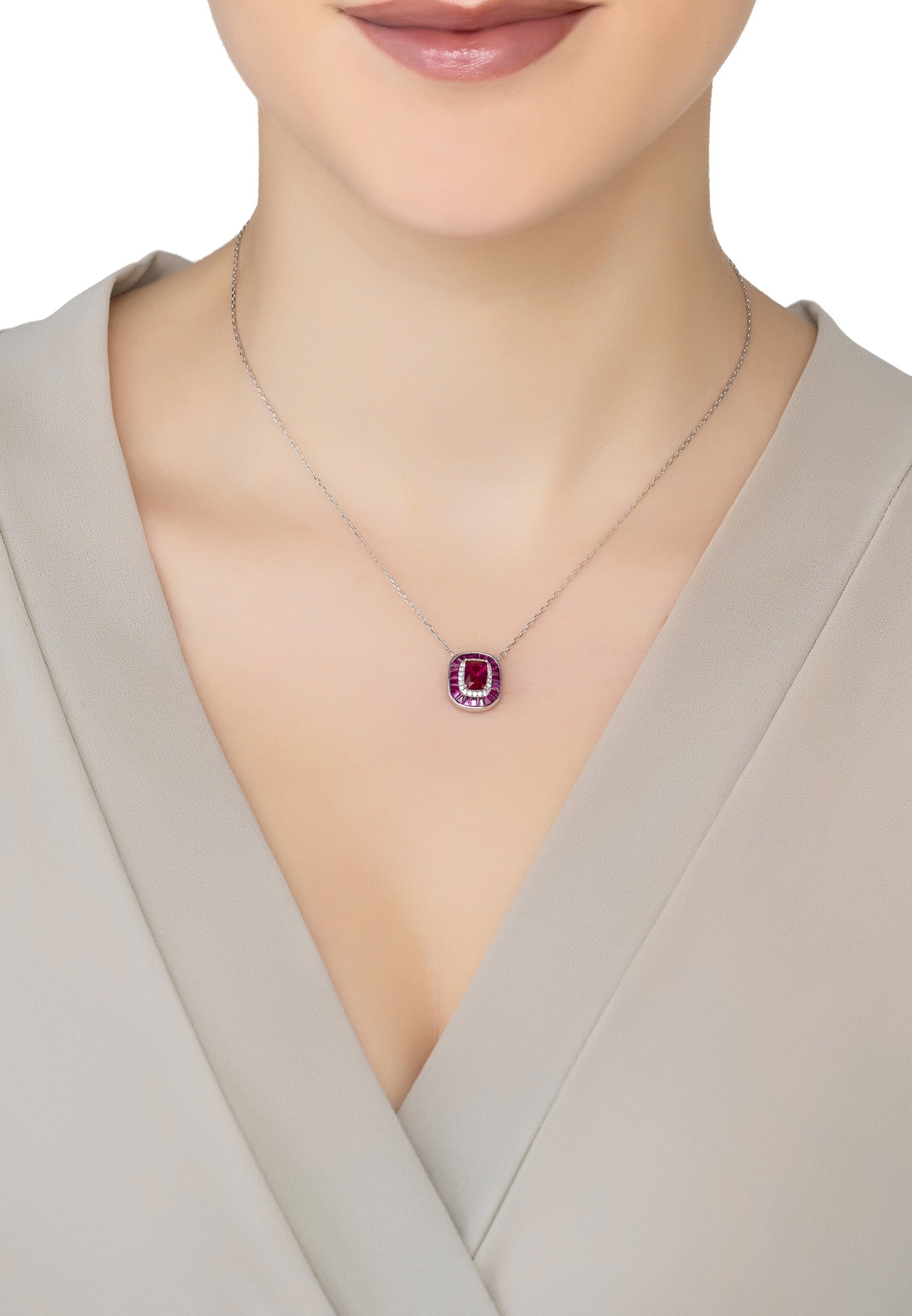 Great Gatsby Pendant Necklace Ruby Silver