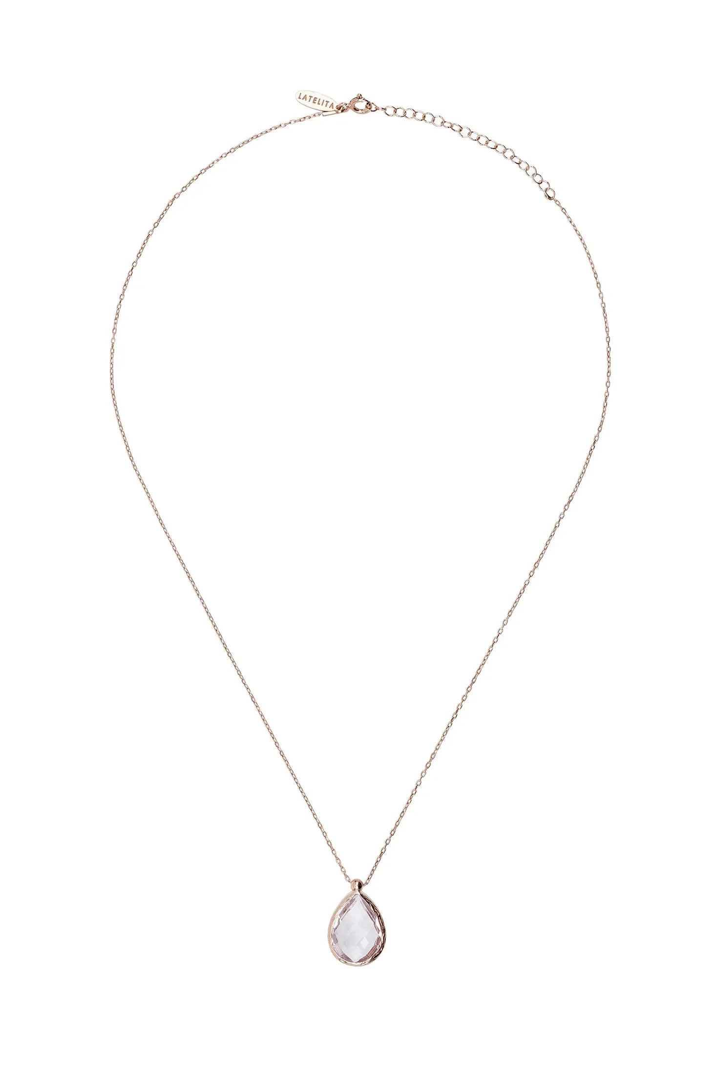 Teardrop rose quartz rose gold necklace.