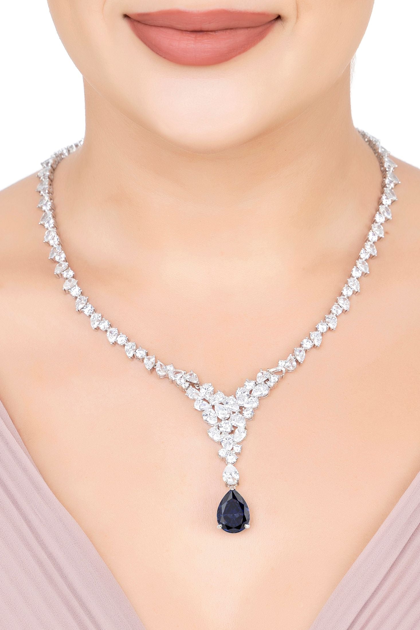 The necklace worn by a model.