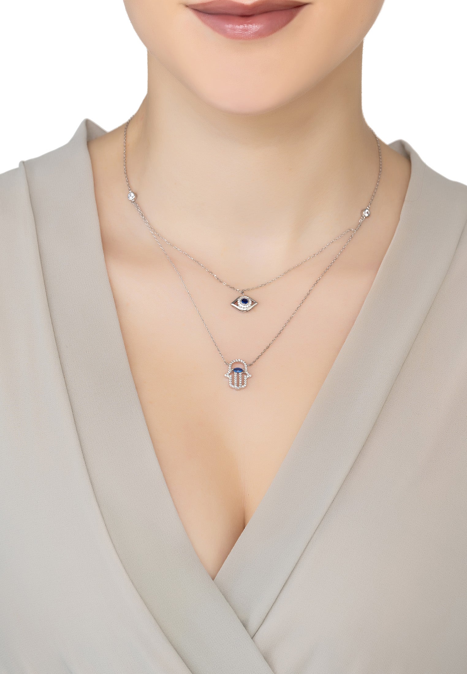 Mehrschichtige Halskette mit Hamsa-Hand und bösem Blick, Silber
