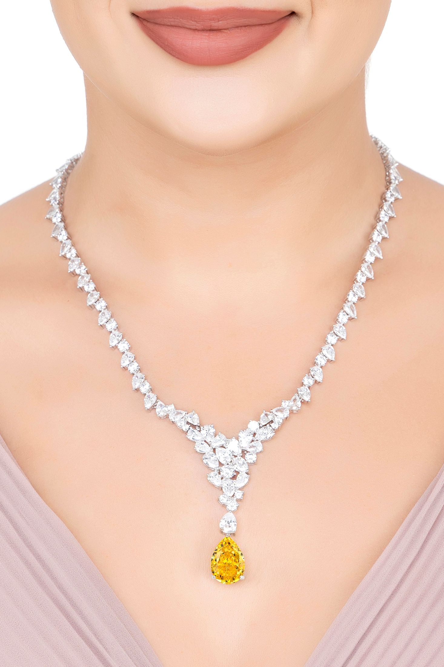 The necklace worn by a model.