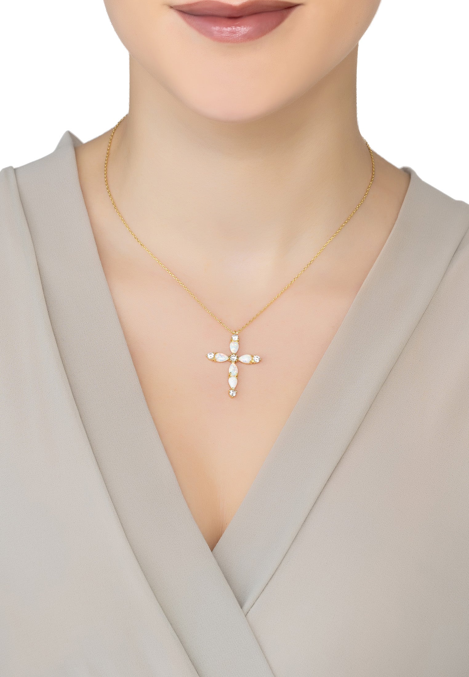 Halskette mit Opal- und Glitzer-Kreuz-Anhänger aus Gold
