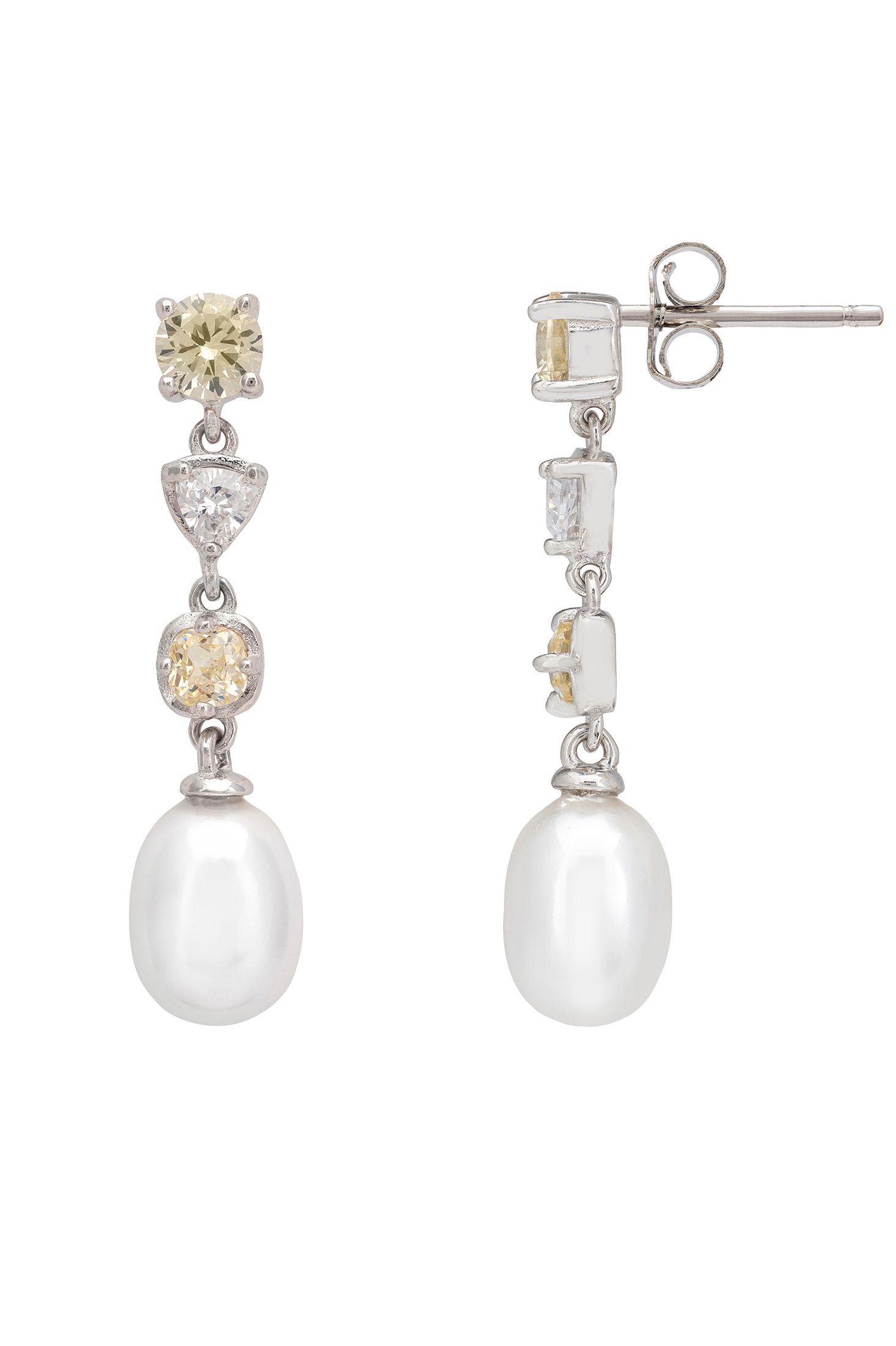 Pair of pearl and gemstone earrings on a white background