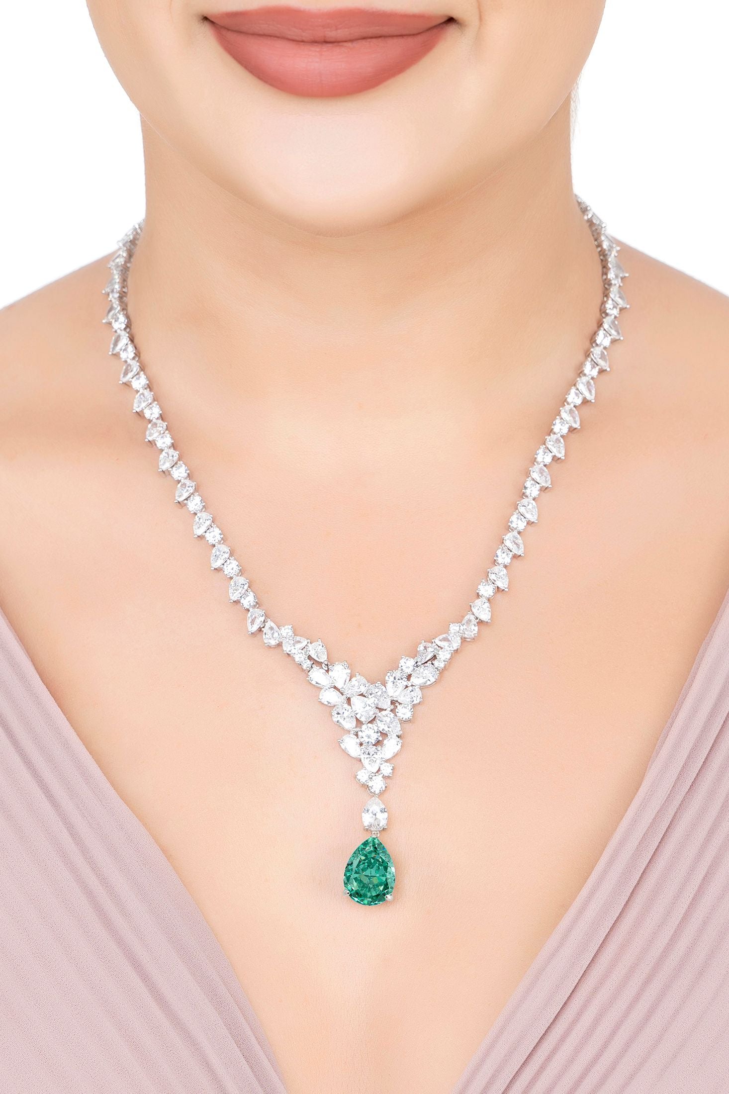 The necklace worn by a model.