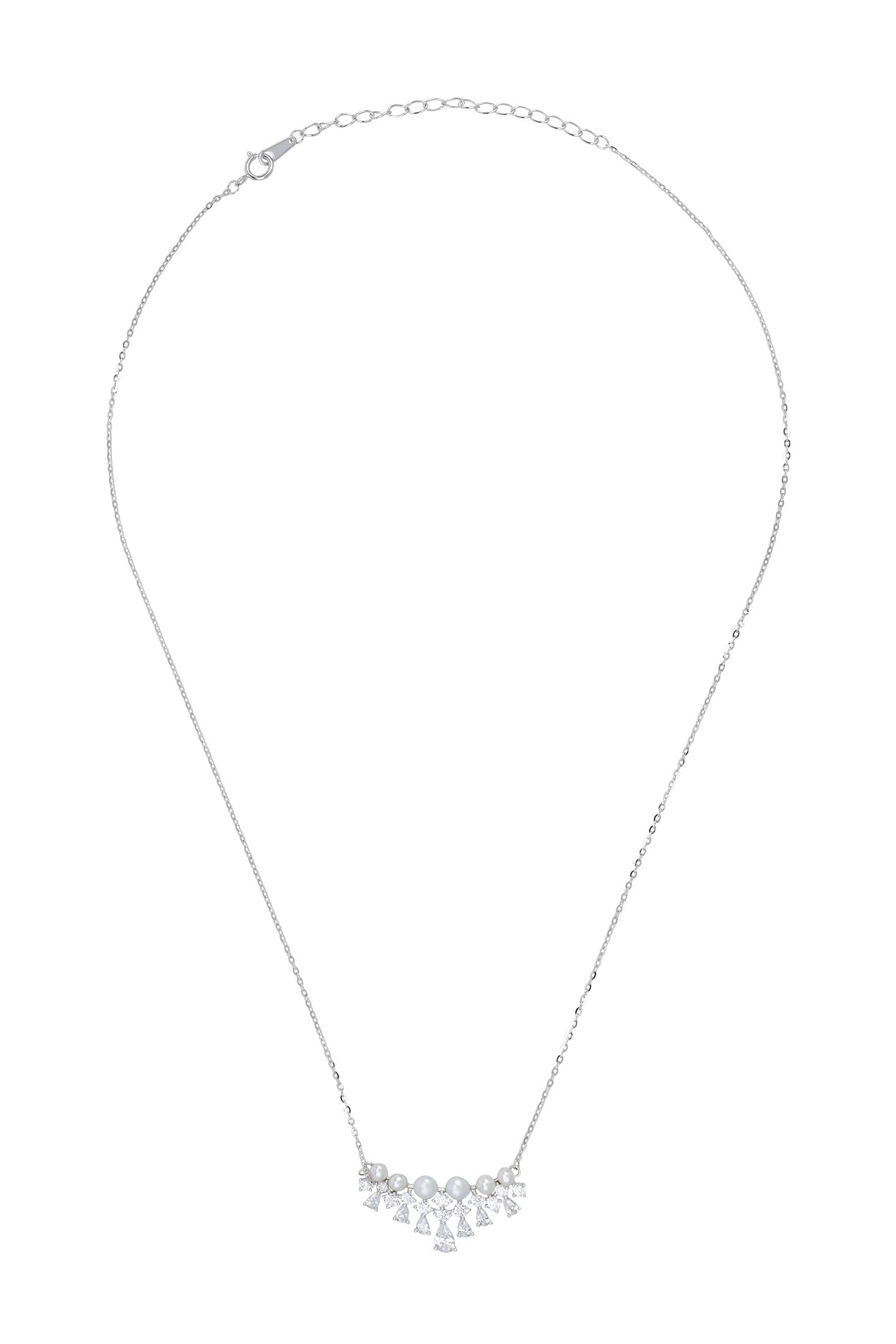 Pearl and diamond lace motif charm silver necklace.