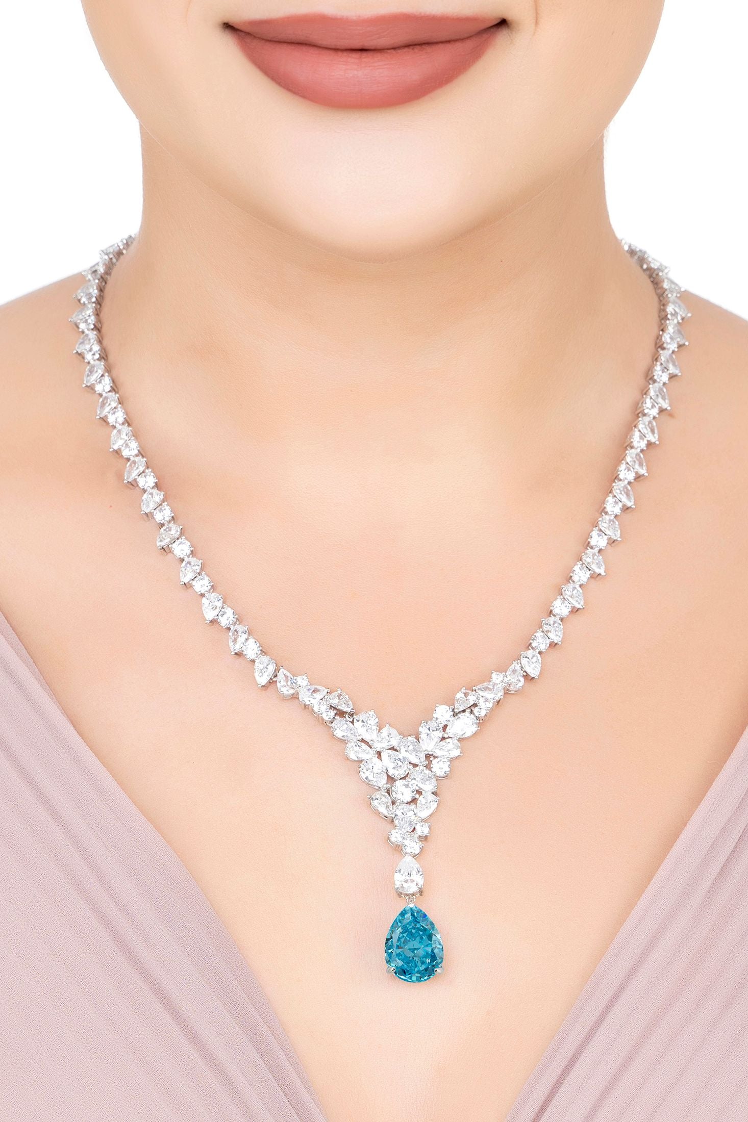 The necklace worn by a model.