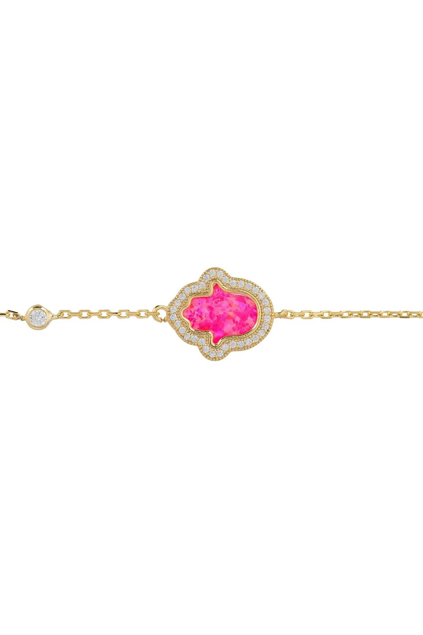 Pink opal hamsa hand gold bracelet.
