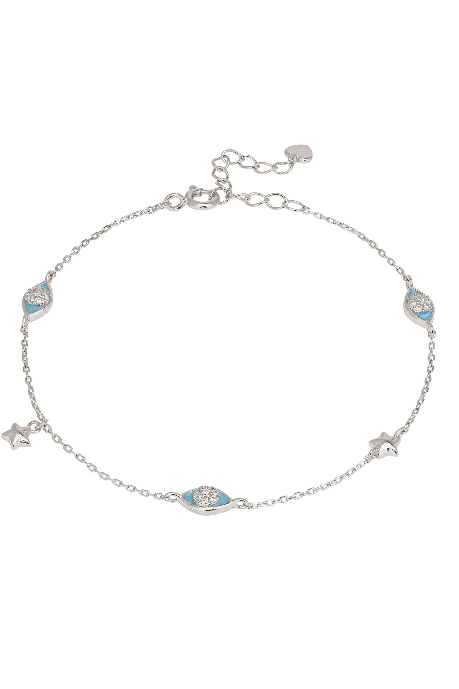 Silver bracelet with star and eye-shaped charms on a white background