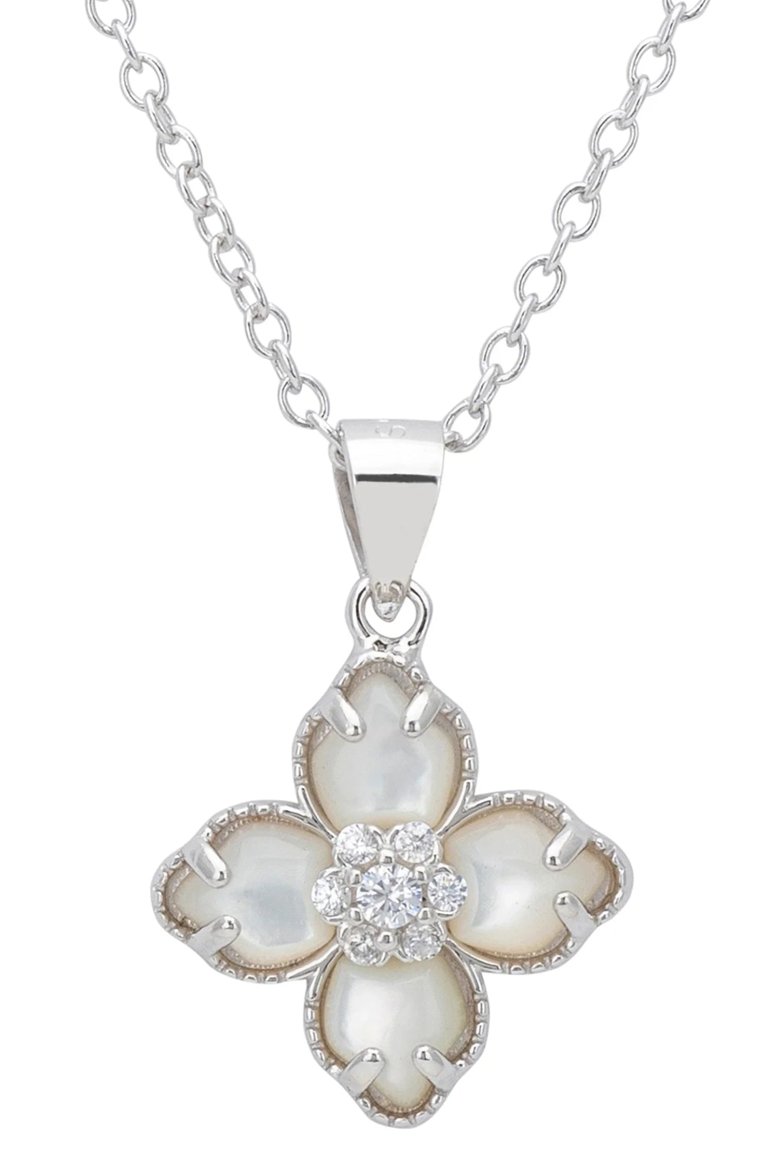 Close-up of the white clover pendant.