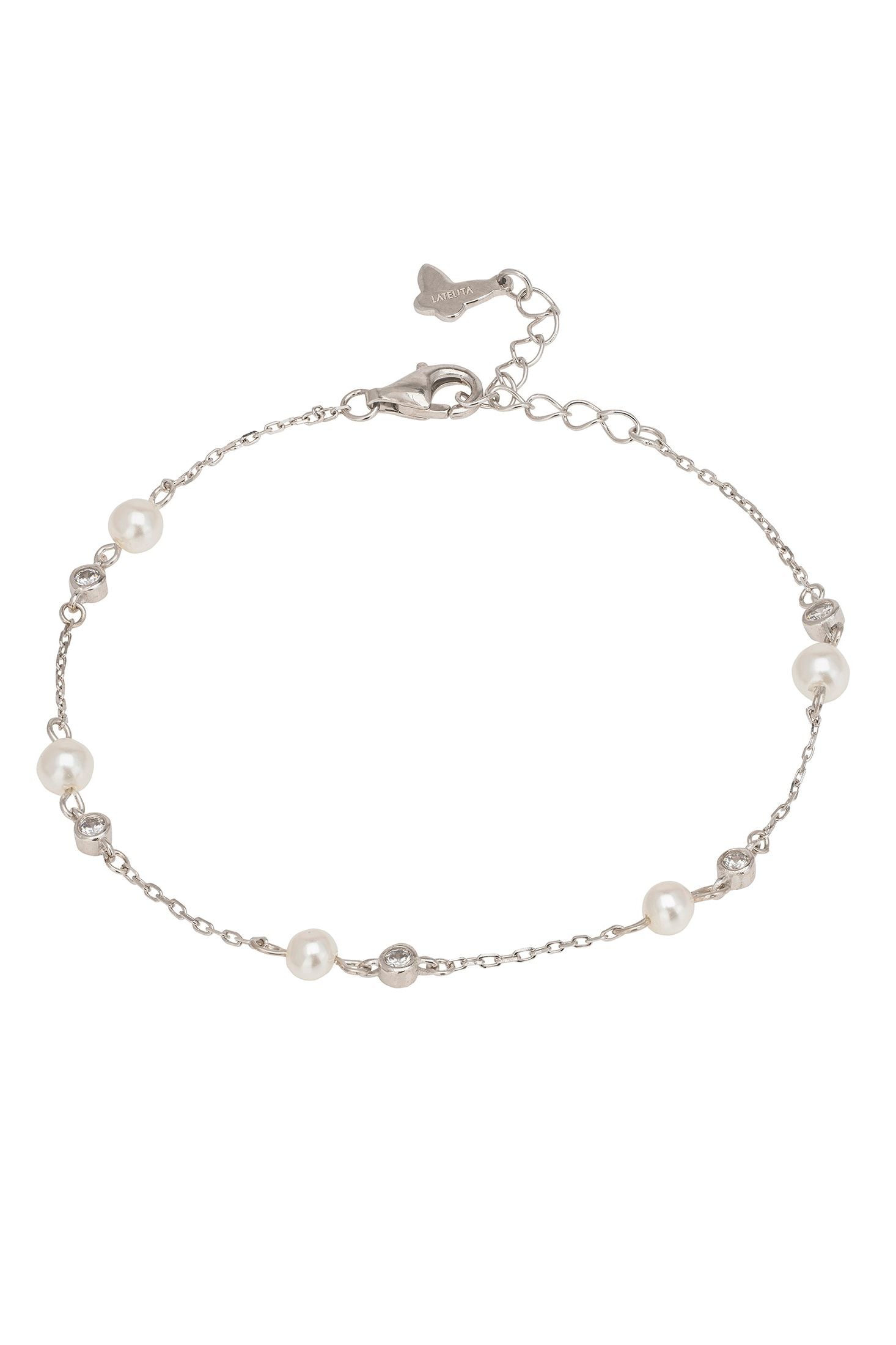 Silver bracelet with pearls on a white background