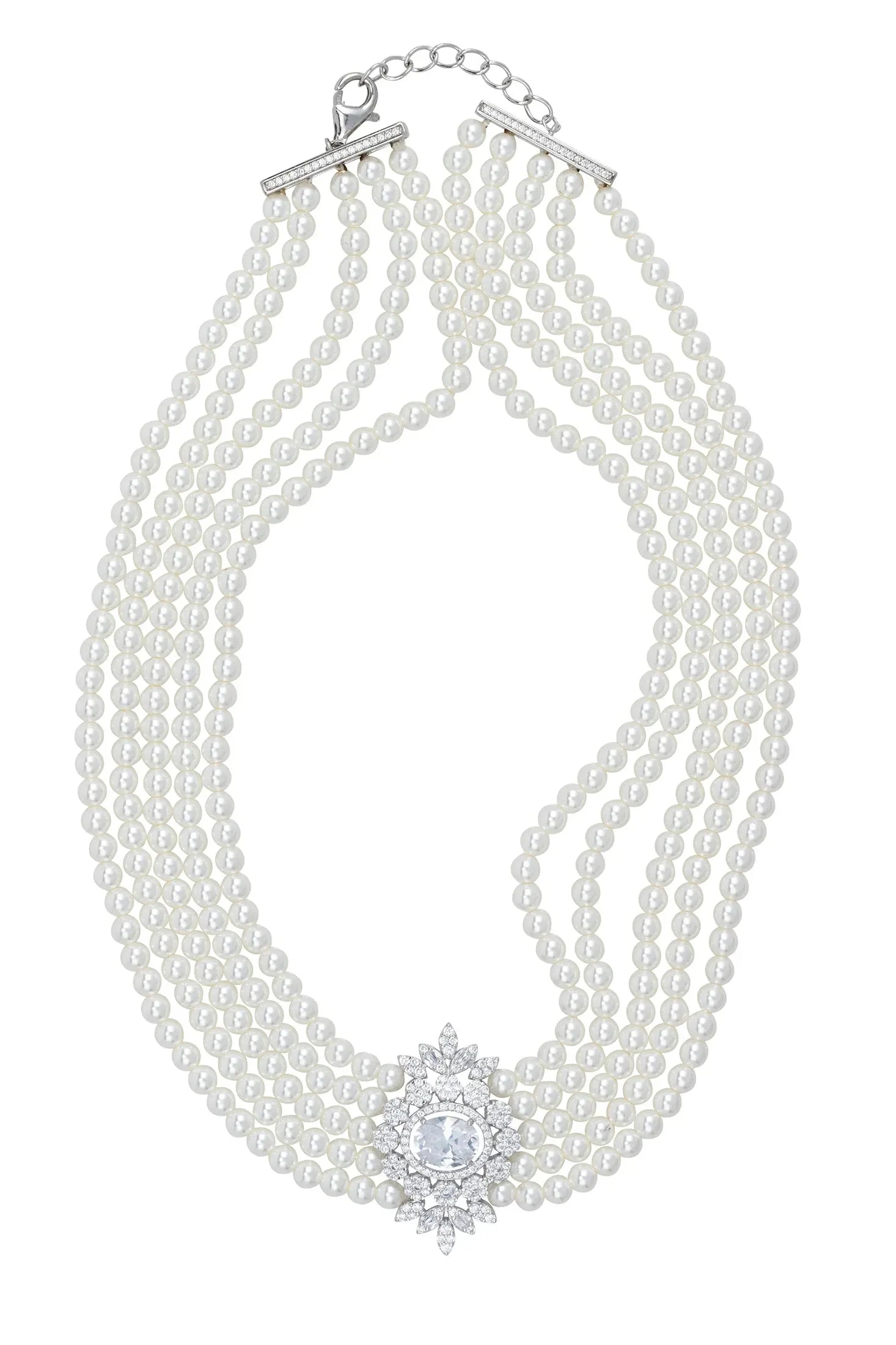 Diamond centerpiece multi-strand pearl choker.