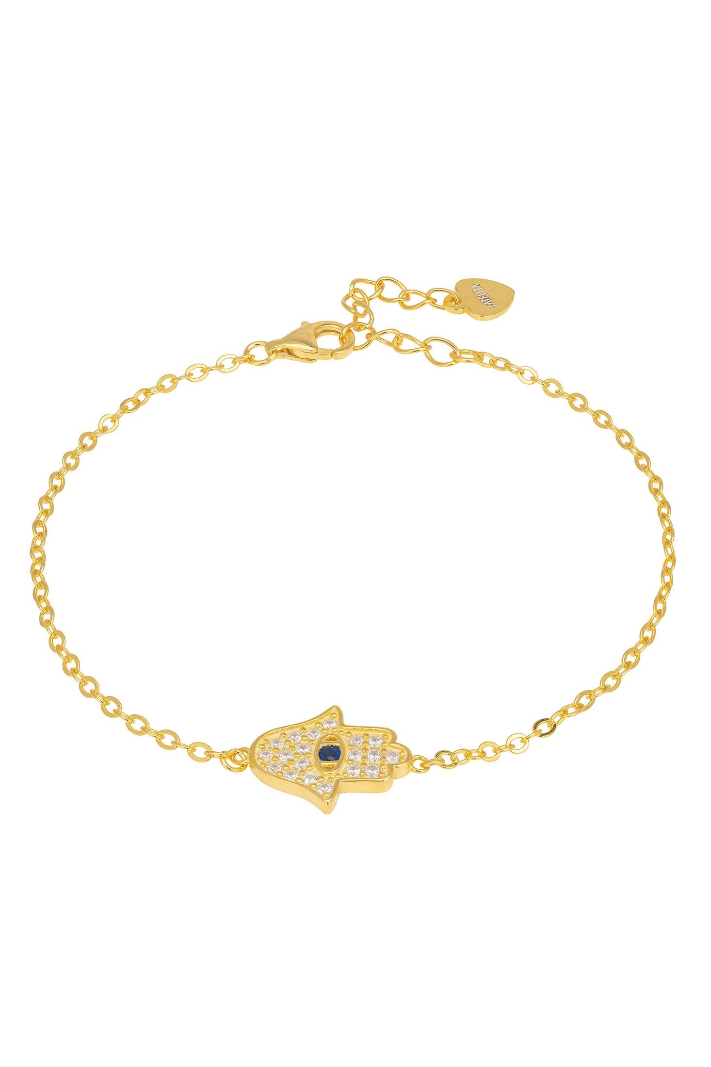 Gold bracelet with a hamsa hand charm on a white background