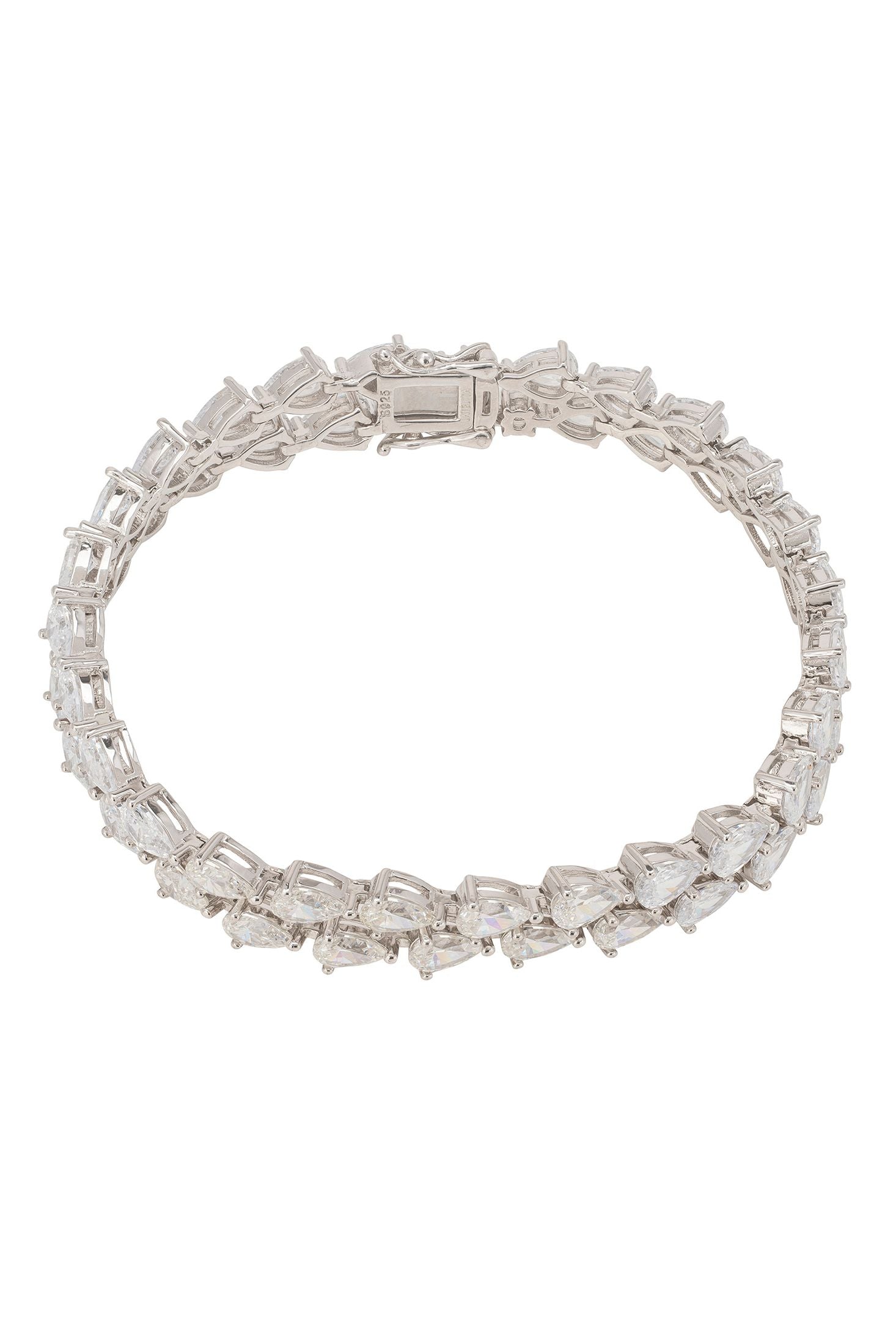 Silver bracelet with clear stones on a white background