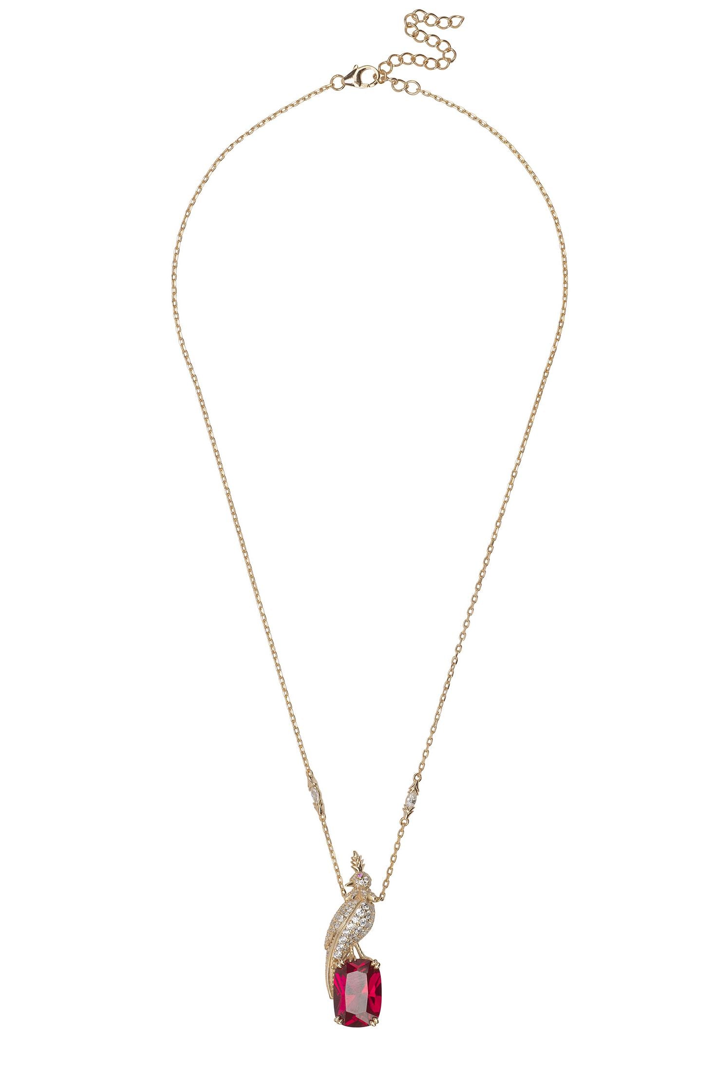 Necklace with a pendant featuring a red gemstone on a white background