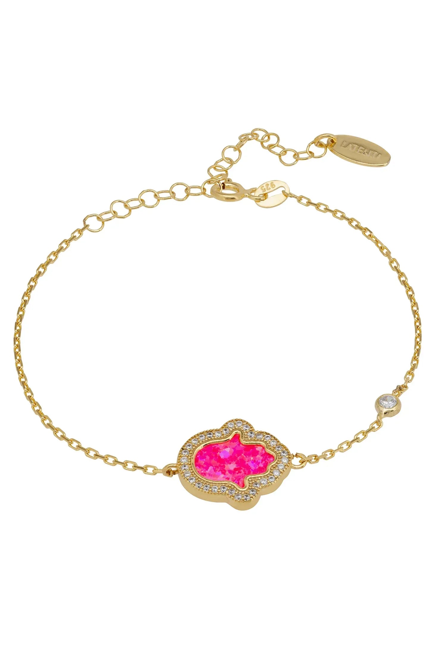 Pink opal hamsa hand gold bracelet.