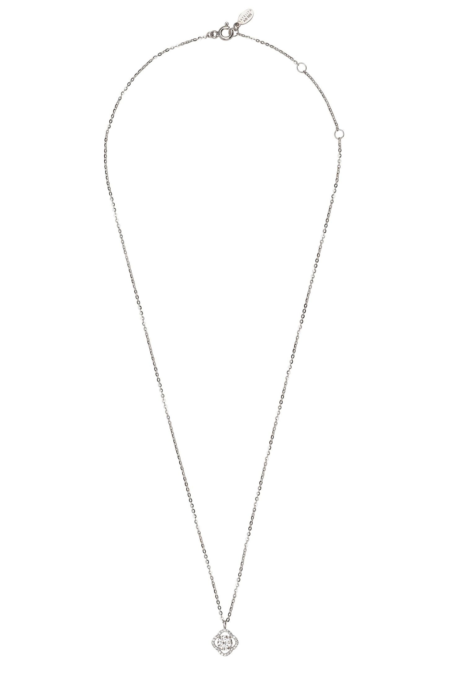 Silver necklace with a small pendant on a white background
